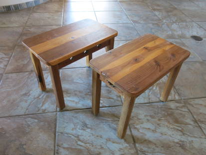 Rustic Southwestern Pine Side Table Set of 2: Good knotty pine table with side panels carved in southwestern patterns.