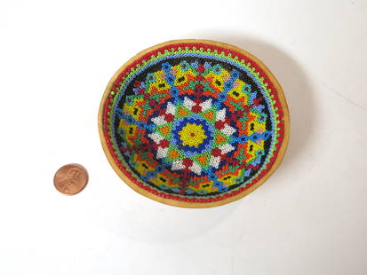 Vintage Huichol Beaded Gourd Offering Bowl: Unsigned. Lovely beadwork with no losses.