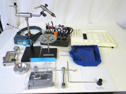 Dyna-King Kingfisher Fly Tying Vise: Full table top rig with bobbin cradle, two bobbin hangers, adjustable table, tool carousel, assorted tools, aluminum work cup, small C clamp, Streamside Designs Tie Tray, OptiVisor.
