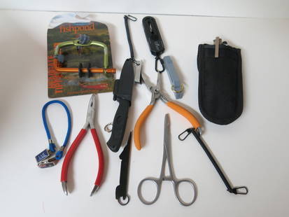 Fishing Tool Lot of 8+: Includes AG Russell Bird and Trout Knife, Clover Retractable Scissors, API Tarpon pliers, straight surgical clamp, Dr. Slick pliers, Fishpond Headgate Tippet Holder, Quick Tye,