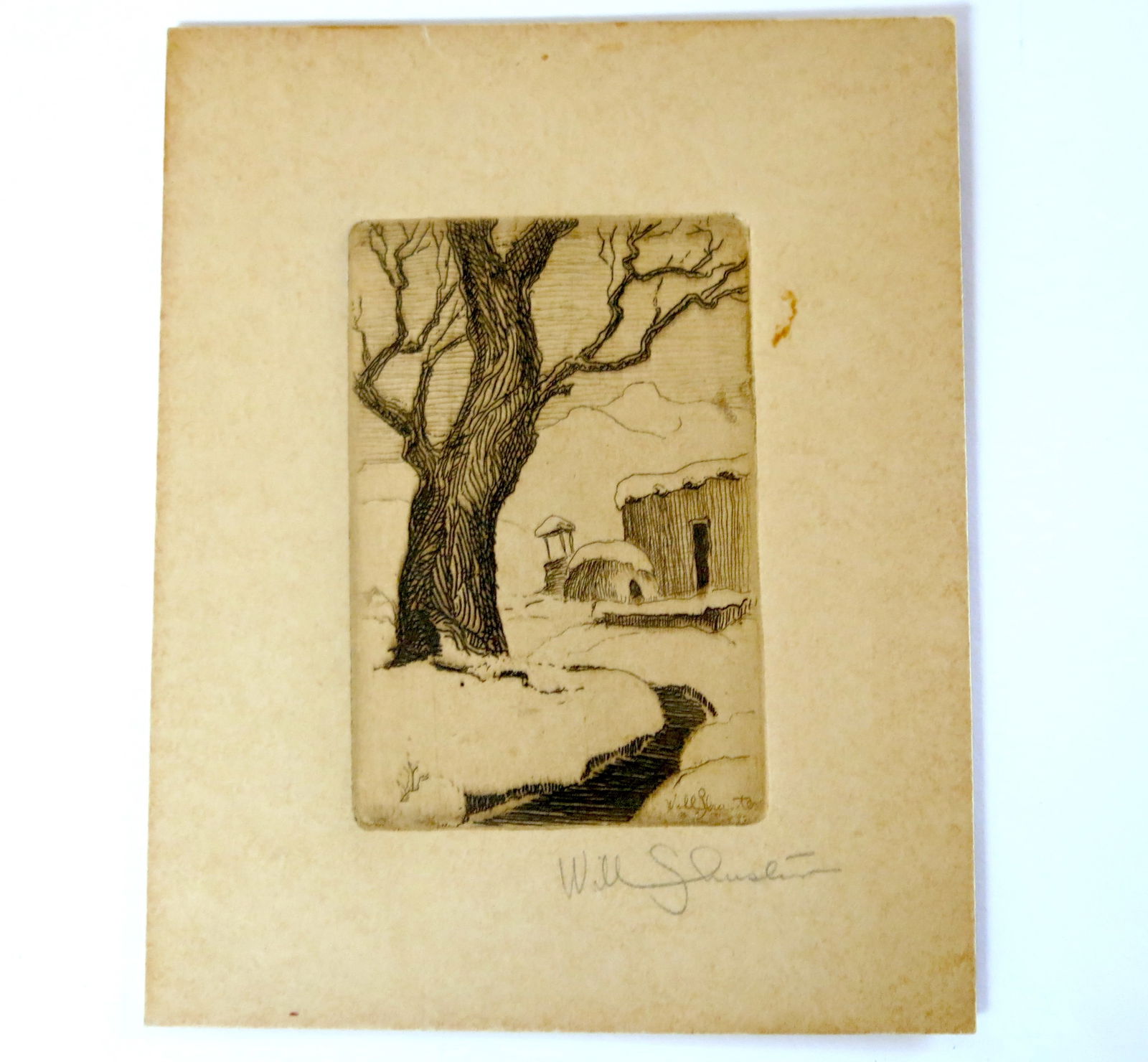 Will Shuster Etching Winter Scene with Orno (1 of 4)