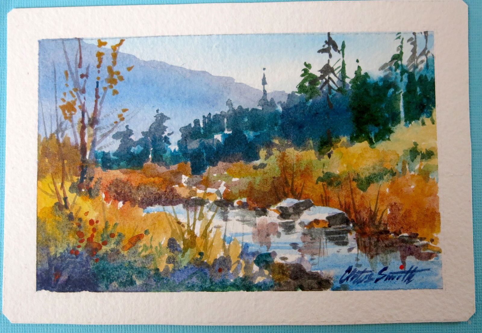 Cletus Smith "Mini" Watercolor on Paper: Cletus Smith 20th century. Smith was active/lived in Oklahoma. Cletus Smith is known for Illustrator, landscape, design. The cover of an informal thank you note to an art patron, this small watercolor