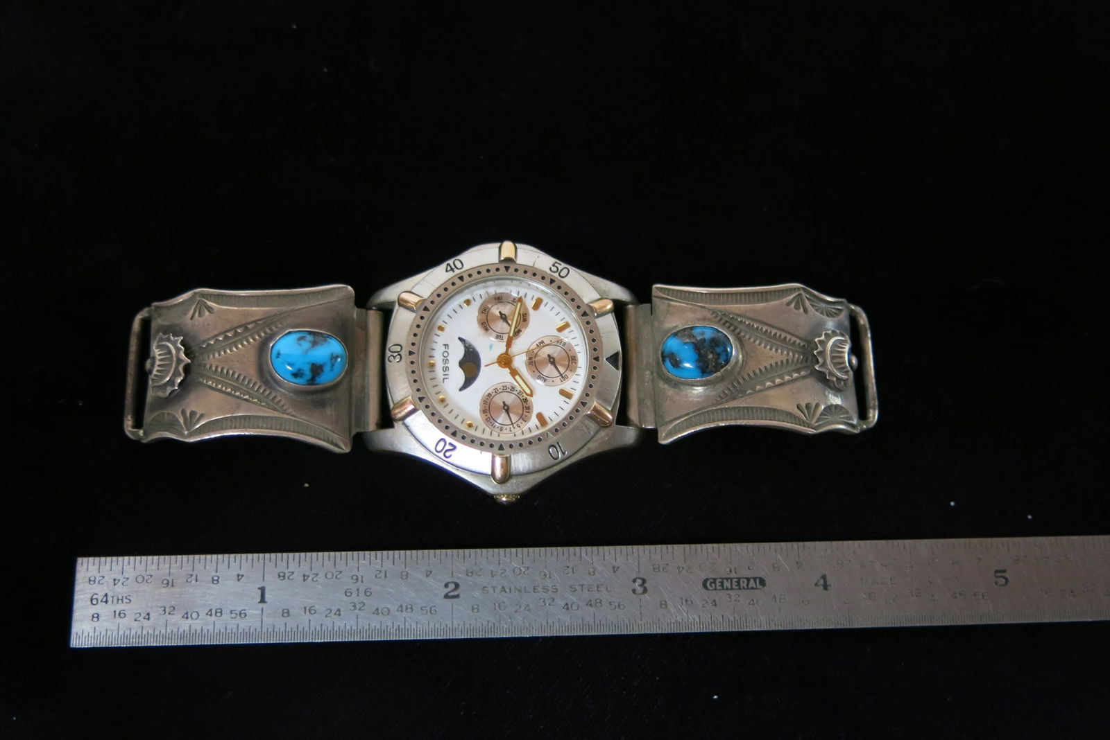 Fossil Chronograph Watch with Navajo Bisbee Turquoise and Silver Watch Band: Fossil chronograph watch BQ-8712 with three dials (month, day, date) within a white main dial. Features large, oval blue turquoise nuggets set in plain bezels, surrounded by decorative stampwork and s