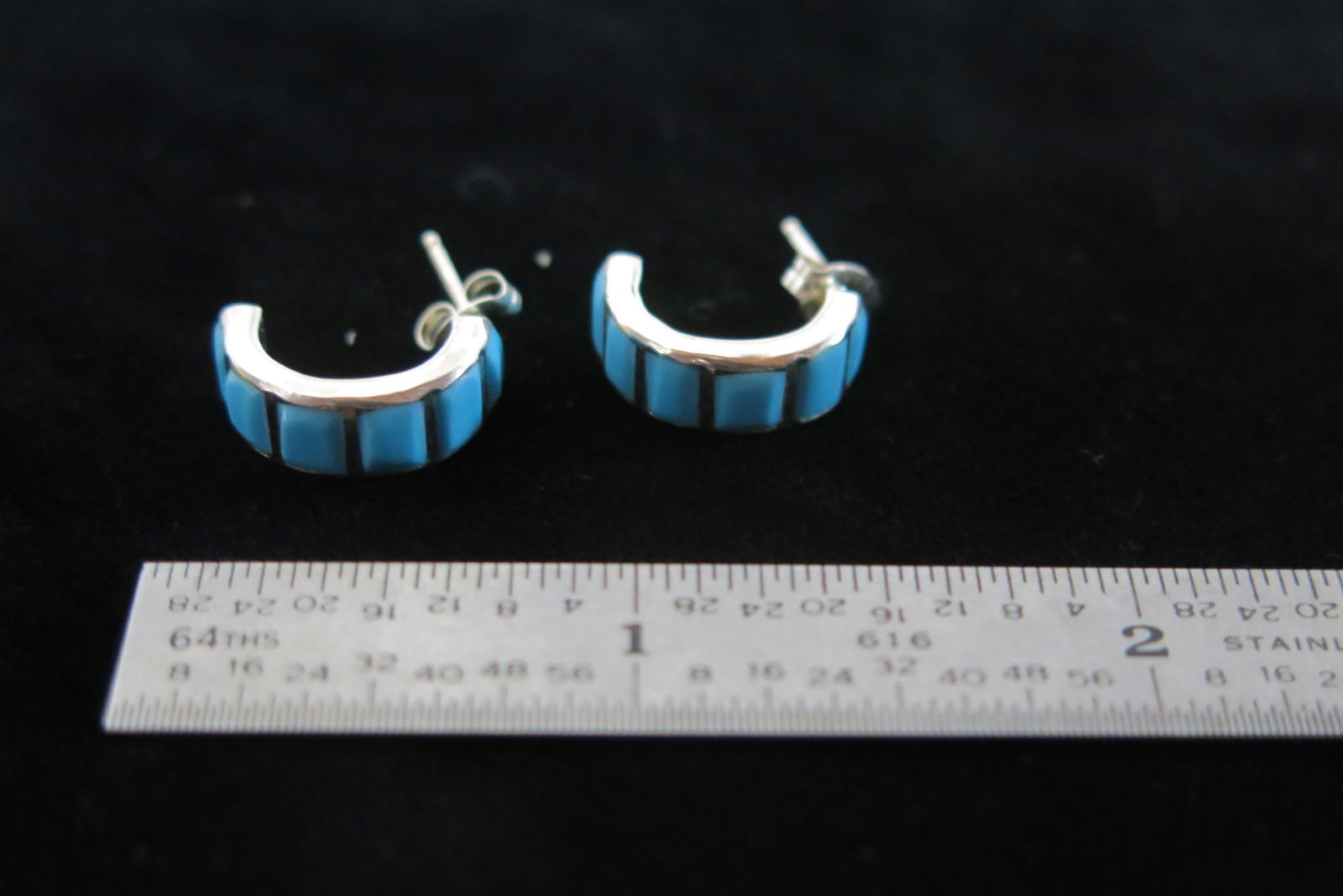 Zuni Silver and Turquoise Inlay Half Moon Earrings (1 of 3)