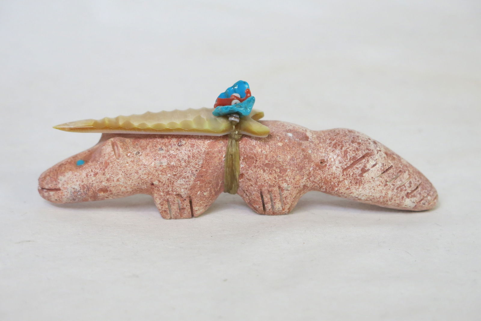 Edna Leki Zuni Carved Pink Pipestone Armadillo Fetish with Turquoise Eyes (1 of 4)