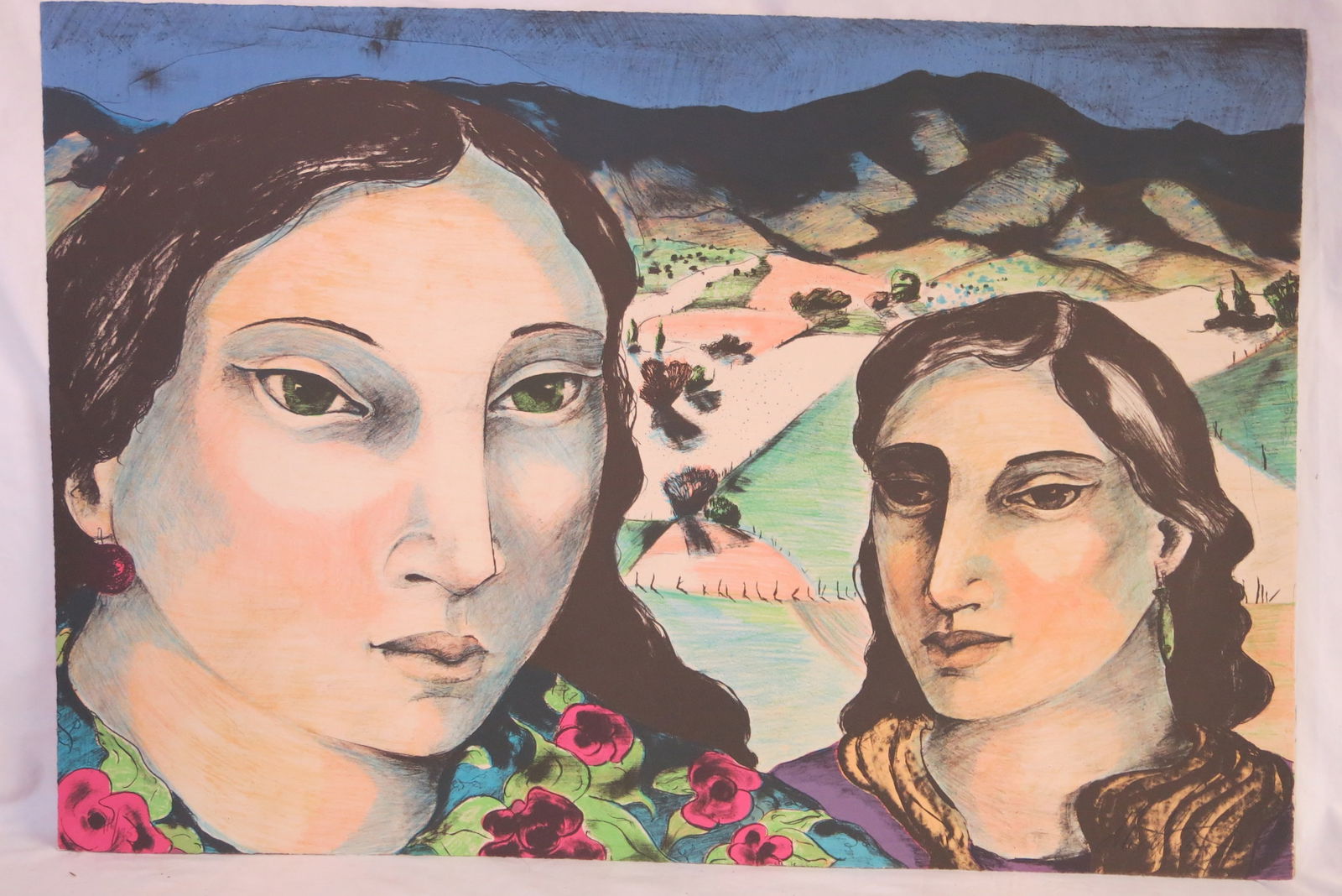 Miguel Martinez Signed Lithograph "Hermanas de Taos": Signed M. Martinez lower right. Characteristic of his signature style, which involves large, modernist portraits of women with expressive, captivating eyes.
