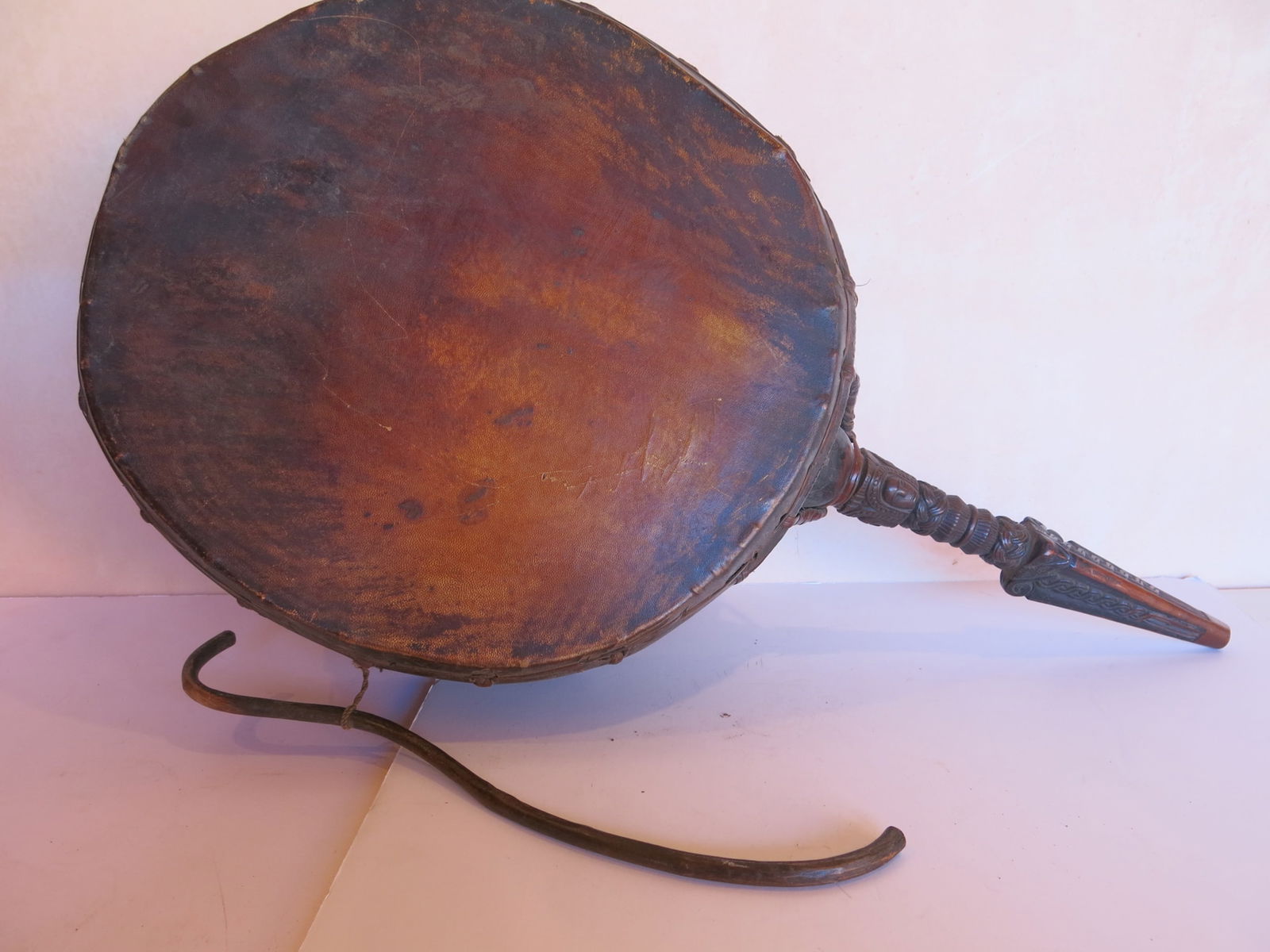 Early 20th C. Himalayan Shaman Dhyangro Drum: Dhy?ngro drums are used by jhakri (shamans of Nepal) and in some Tibetan Buddhist celebrations. Due to the influence of Tibetan Buddhism many of these drums, even those used by shamans, have handles i