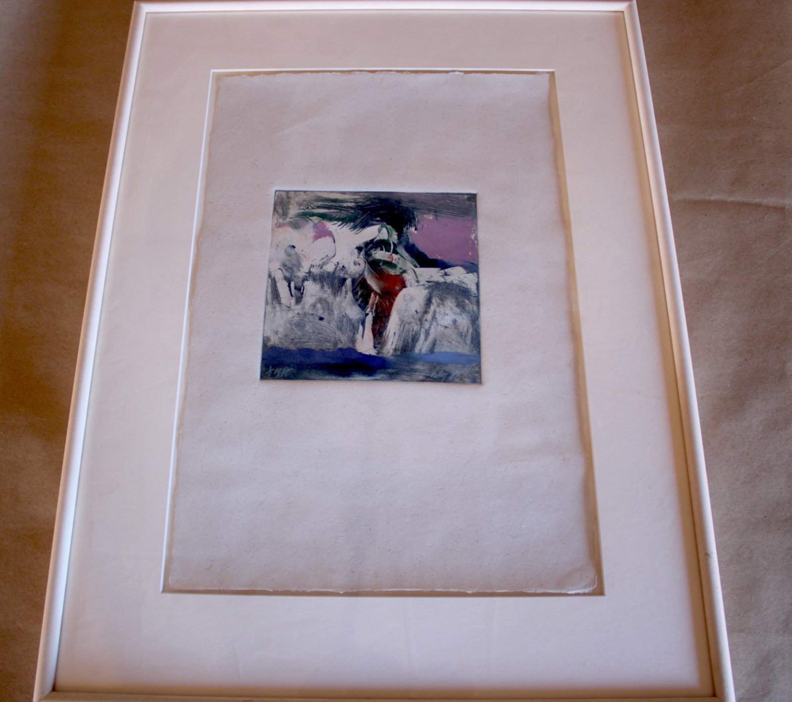 Blue Line Drum Chant - Framed: Monotype numbered lower left 1/1 signed lower right. Frame 25"x9.25"x2"