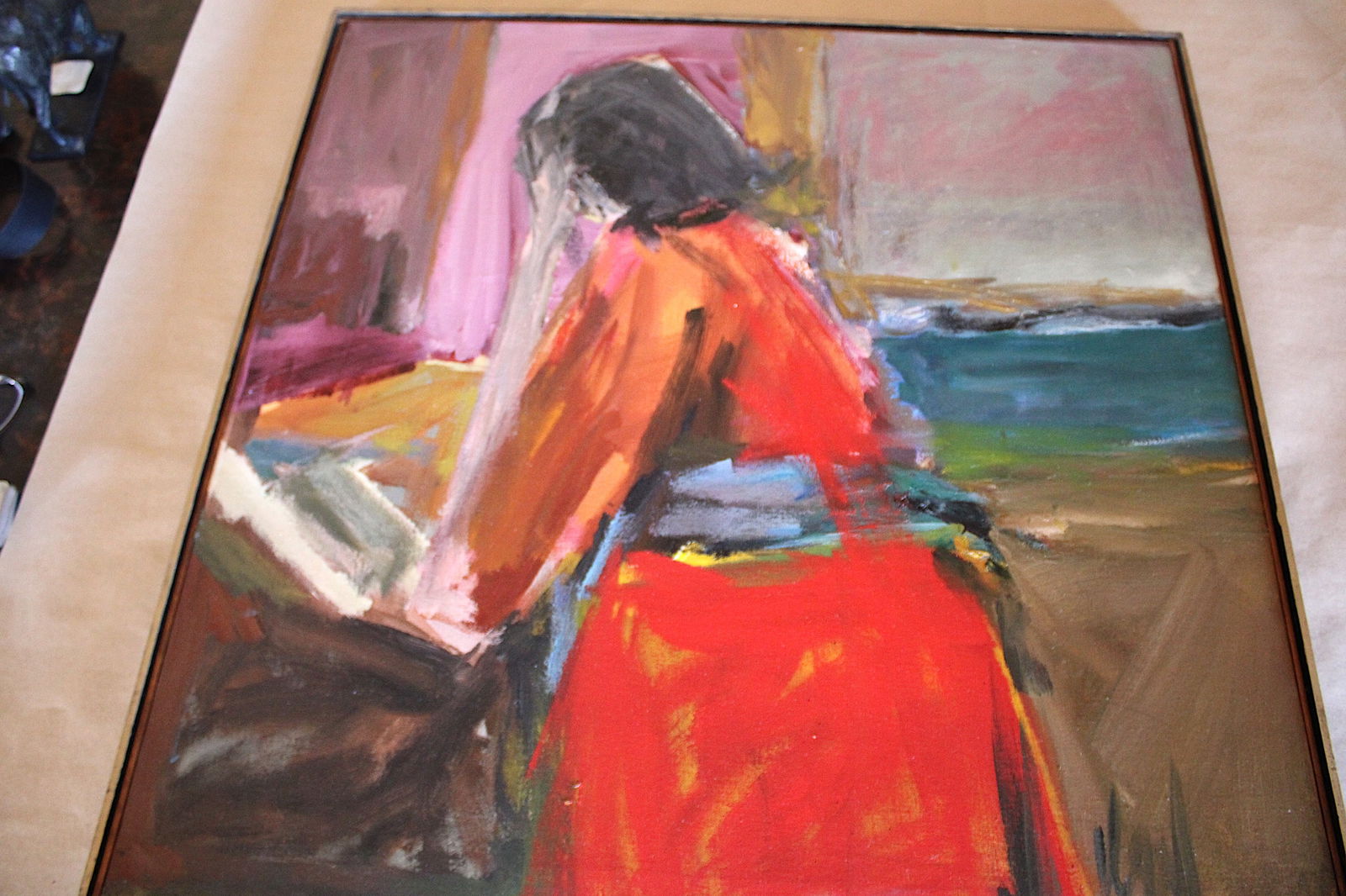Girl Reading - Framed: Oil on canvas signed lower right. Frame 33.25"x33.5"