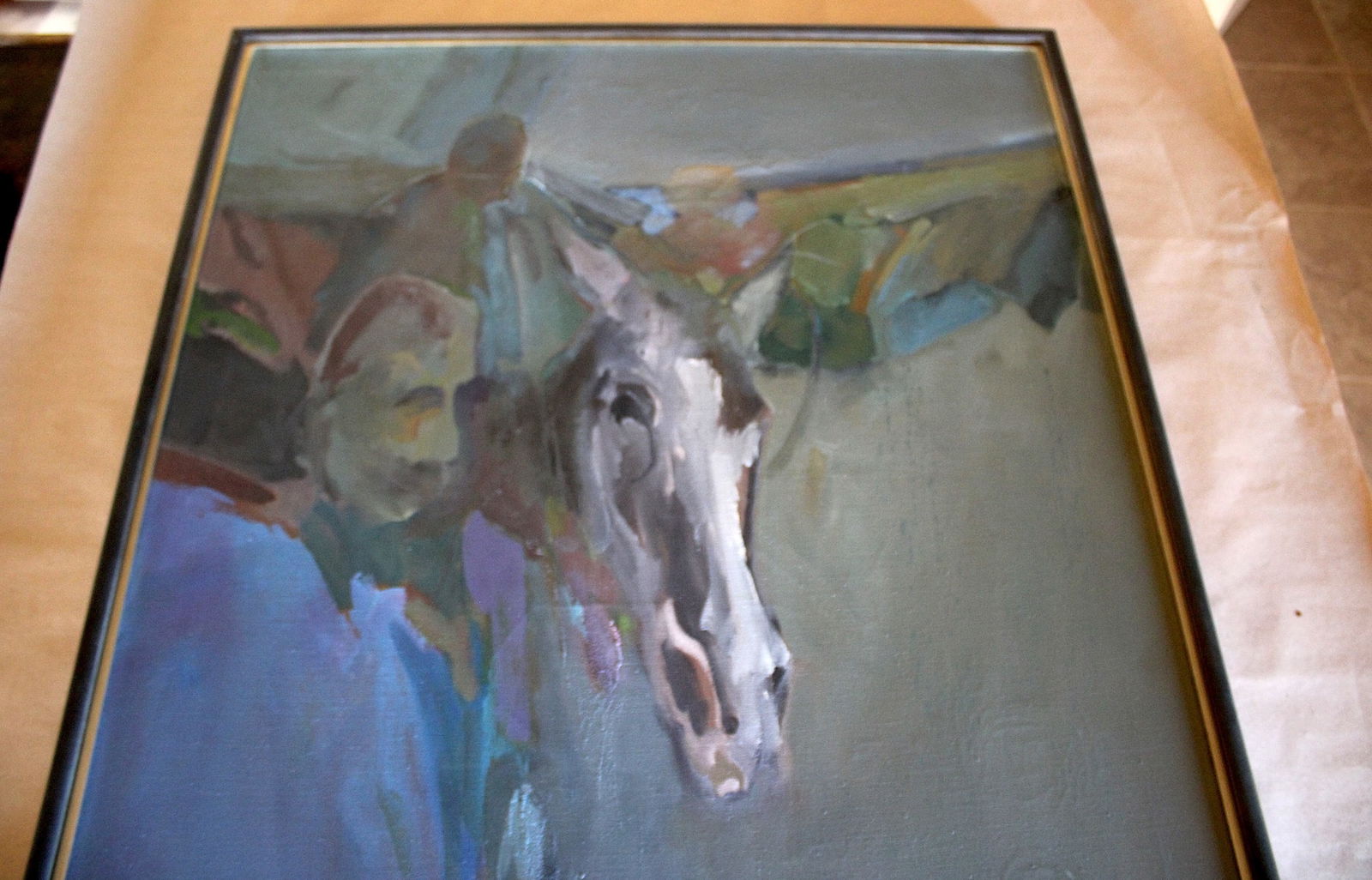 Untitled Horse and Rider - Framed: Oil on canvas signed center. Frame 38"x34.25"