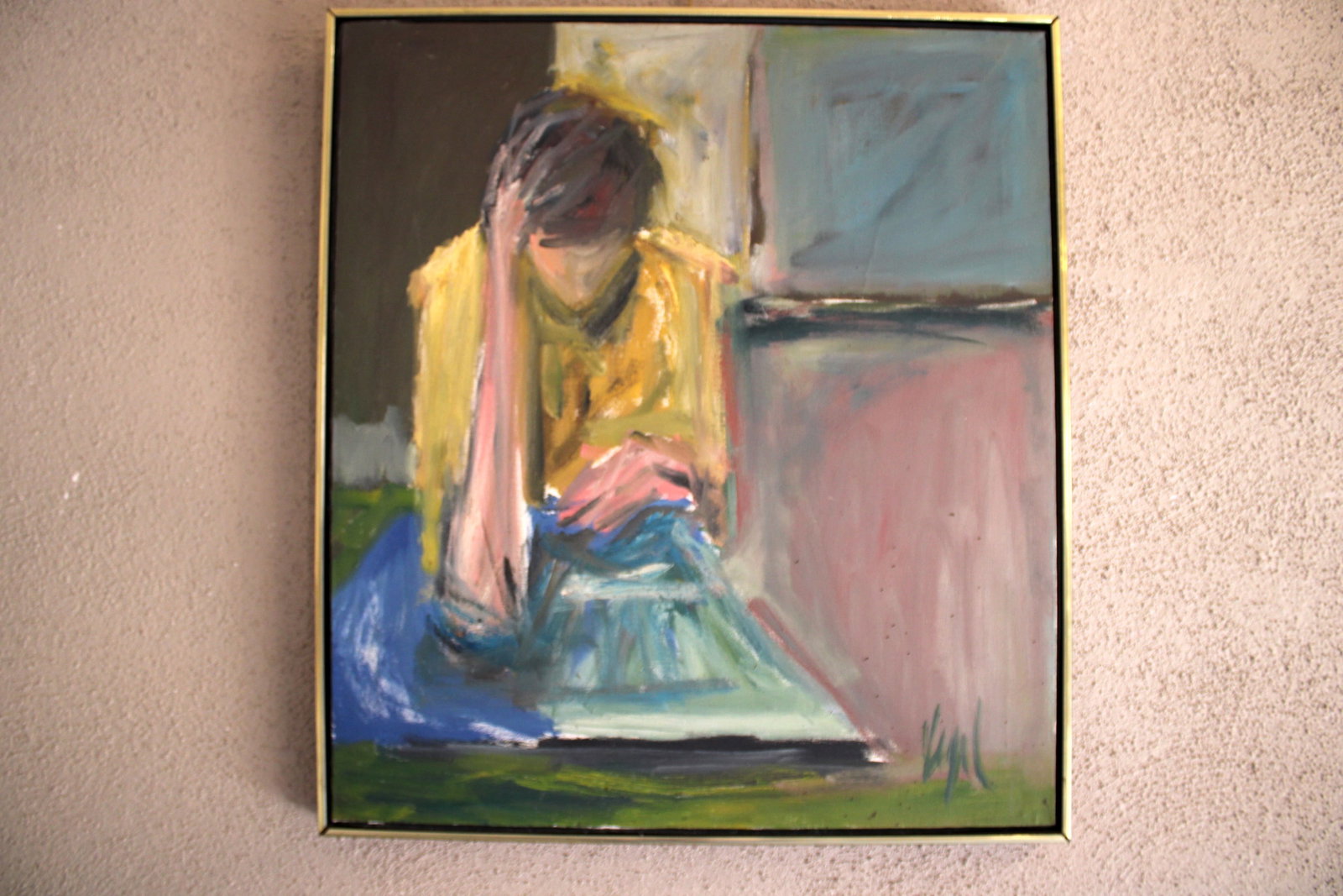 Untitled Woman Reading - Framed: Acrylic on canvas signed lower left and verso. Frame 15.25"x18.25"