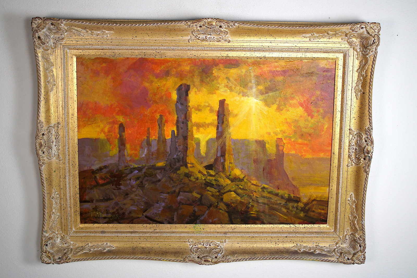 James FIELDS (American) Original Acrylic on Board, Signed Lower Left, "Monument Valley Sunset": Original acrylic on board by James Fields. Measures 24x36 inches. Exquisitely Framed. Category: Western Landscape Painting, High Desert Landscape Art, New Mexico Skies, Southwestern Fine Art, Listed A