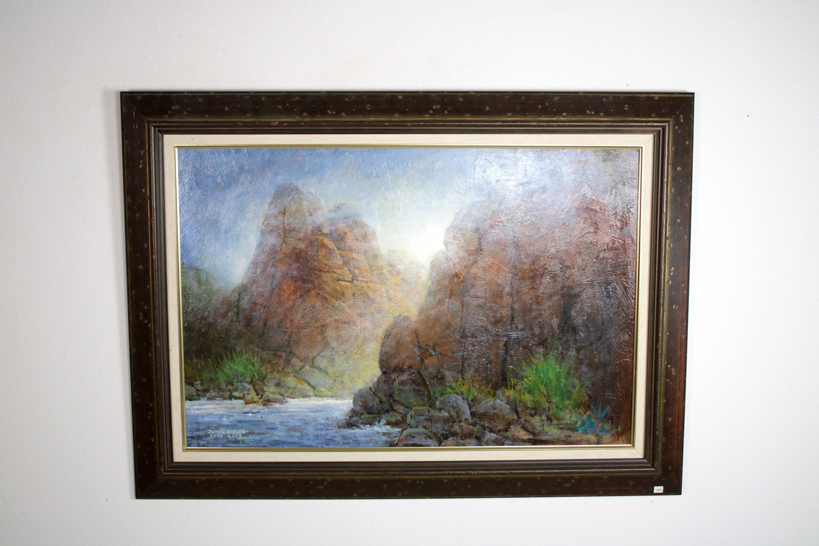 James FIELDS (American) Original Acrylic on Board, Signed Lower Left, "Early Morning Light": Original acrylic on board by James Fields. Measures 24x36 inches. Exquisitely Framed. Category: Western Landscape Painting, High Desert Landscape Art, New Mexico Skies, Southwestern Fine Art, Listed A