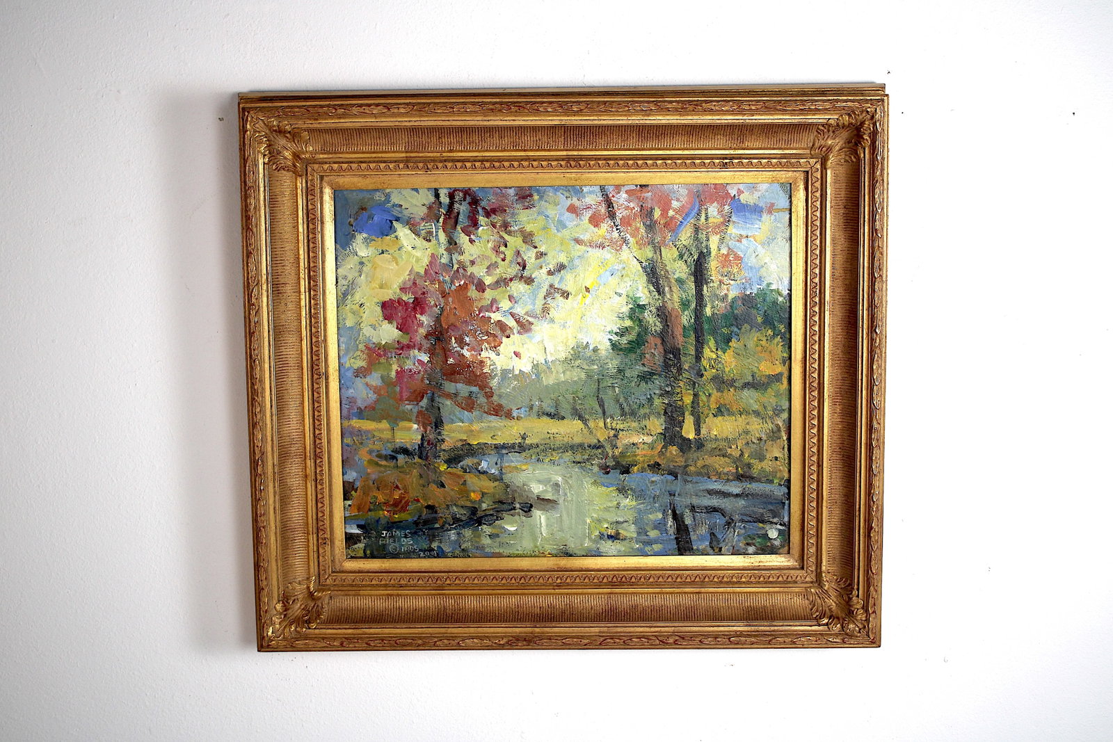 James FIELDS (American) Original Acrylic on Board, Signed Lower Left, "Pot Creek #1: Original acrylic on board by James Fields. Measures 20x24 inches. Exquisitely Framed. Category: Western Landscape Painting, High Desert Landscape Art, New Mexico Skies, Southwestern Fine Art, Listed A