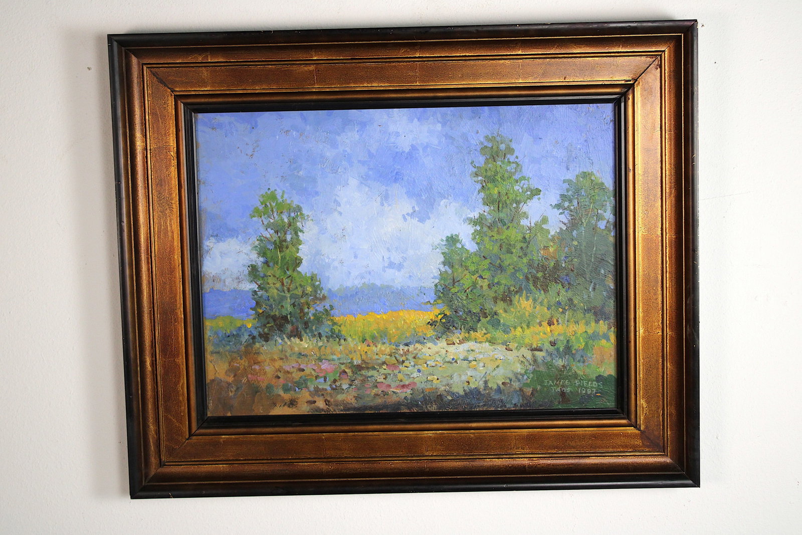 James FIELDS (American) Original Acrylic on Board, Signed Lower Right, "Summer Day": Original acrylic on board by James Fields. Measures 18x24 inches. Exquisitely Framed. Category: Western Landscape Painting, High Desert Landscape Art, New Mexico Skies, Southwestern Fine Art, Listed A