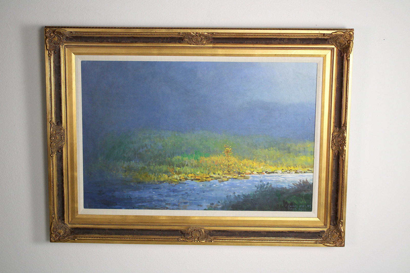 James FIELDS (American) Original Acrylic on Board, Signed Lower Right, "First Light #2": Original acrylic on board by James Fields. Measures 22.5x34.5 inches. Exquisitely Framed. Category: Western Landscape Painting, High Desert Landscape Art, New Mexico Skies, Southwestern Fine Art, List
