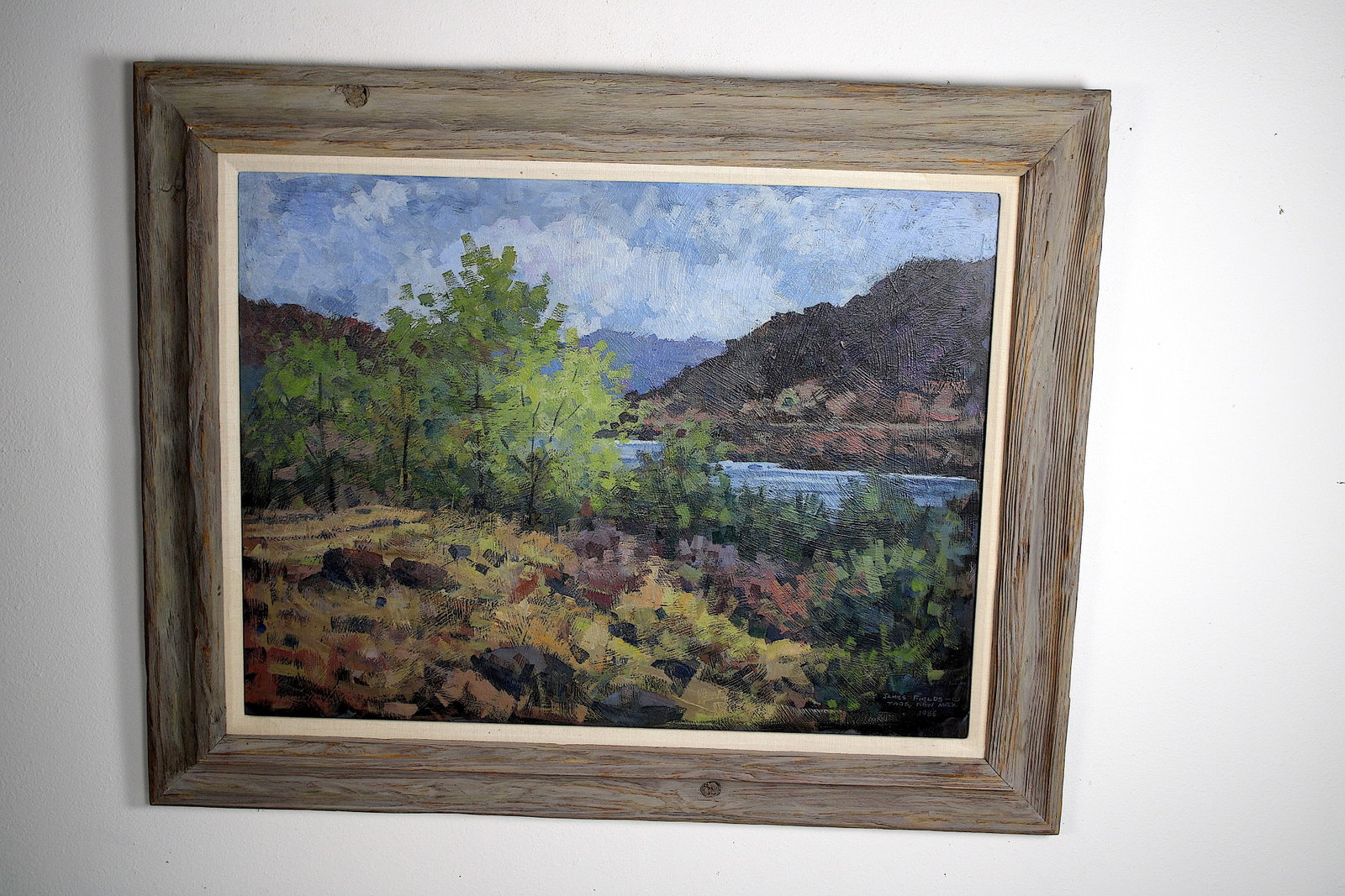 James FIELDS (American) Original Acrylic on Board, Signed Lower Right, "Pilar Hideaway": Original acrylic on board by James Fields. Measures 30x40 inches. Exquisitely Framed. Category: Western Landscape Painting, High Desert Landscape Art, New Mexico Skies, Southwestern Fine Art, Listed A
