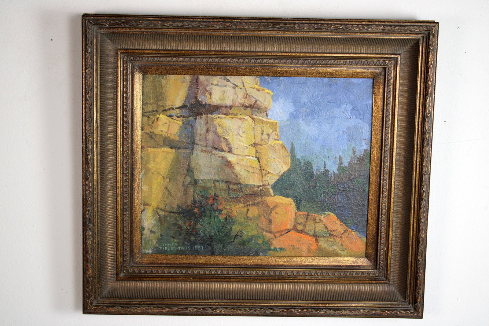James FIELDS (American) Original Acrylic on Canvas, Signed Lower Left, "Rock Formations": Original acrylic on canvas by James Fields. Measures 16x20 inches. Exquisitely Framed. Category: Western Landscape Painting, High Desert Landscape Art, New Mexico Skies, Southwestern Fine Art, Listed 