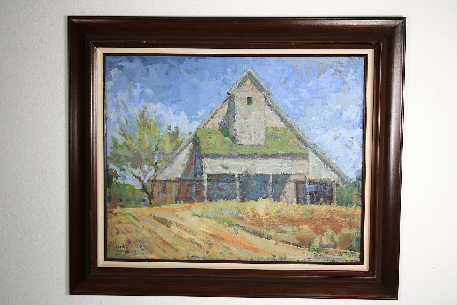 James FIELDS (American) Original Acrylic on Board, Signed Lower Left, "The Old Barn": Original acrylic on board by James Fields. Measures 22.5x28.5 inches. Exquisitely Framed. Category: Western Landscape Painting, High Desert Landscape Art, New Mexico Skies, Southwestern Fine Art, List
