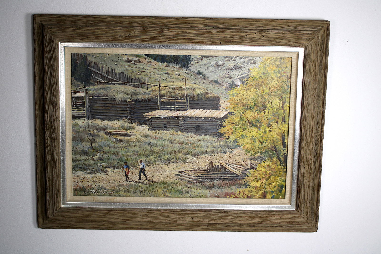 James FIELDS (American) Original Acrylic on Board, Signed Lower Left, "El Rancho de Las Golondrinas": Original acrylic on board by James Fields. Measures 24x36 inches. Framed. Category: Folk Art, Western Landscape Painting, Mountain Landscape Art, New Mexico Skies, Southwestern Fine Art Listed Artist 