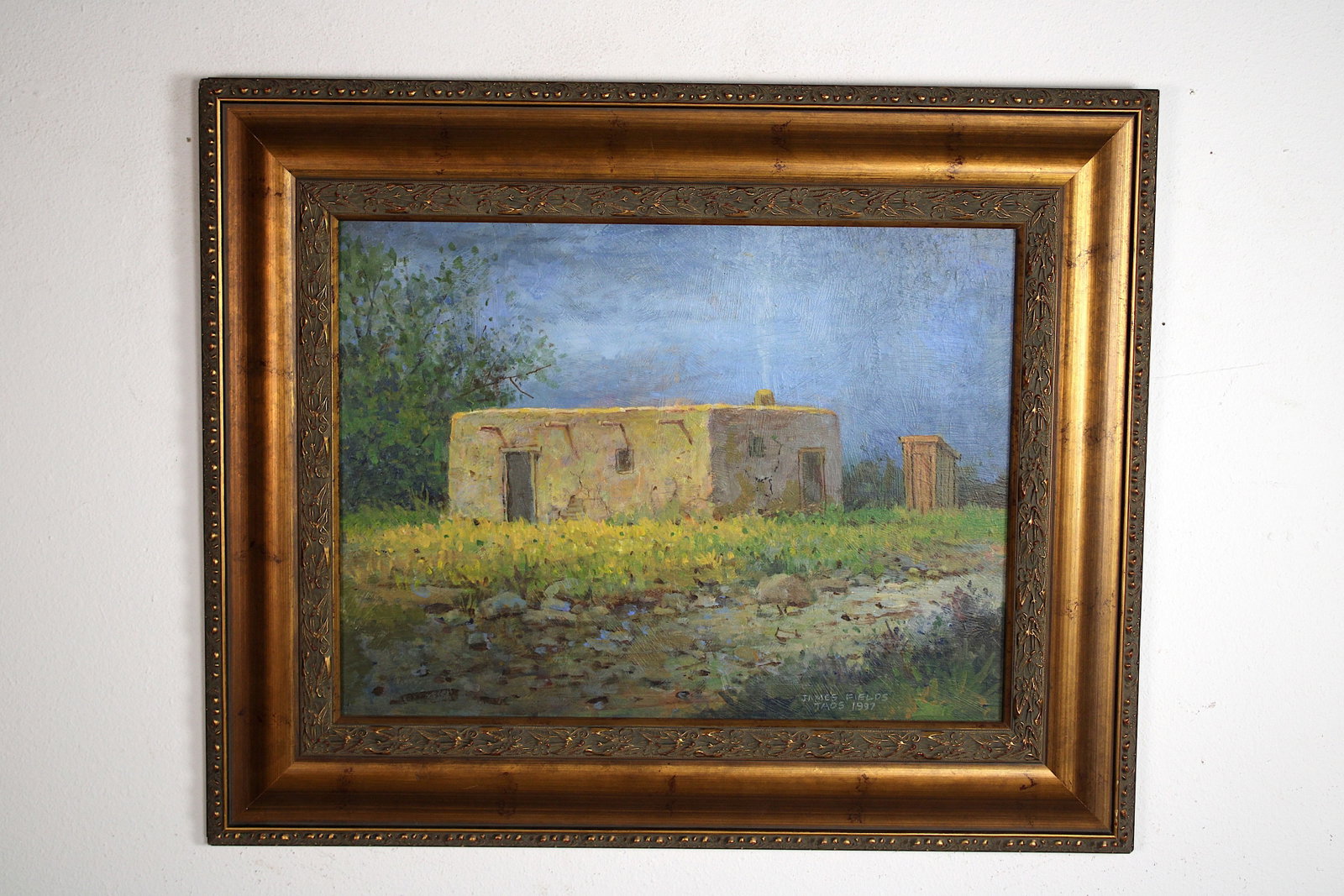 James FIELDS (American) Original Acrylic on Board, Signed Lower Right, "Adobe Evening": Original acrylic on board by James Fields. Measures 18x24 inches. Exquisitely Framed. Category: Western Landscape Painting, High Desert Landscape Art, New Mexico Skies, Southwestern Fine Art, Listed A