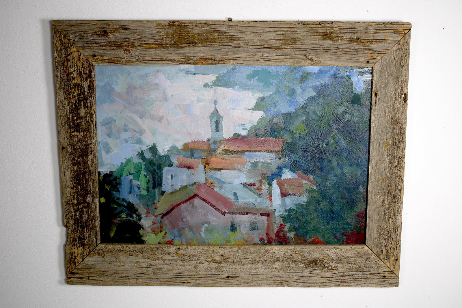 James FIELDS (American) Original Acrylic on Board, Signed Lower Right "Coast Of Italy": Original acrylic on board by James Fields. Measures 24x36 inches. Exquisitely Framed in barnwood. Category: Folk Art, Listed Artist Original. A landscape scene study by James Fields, showcasing the un