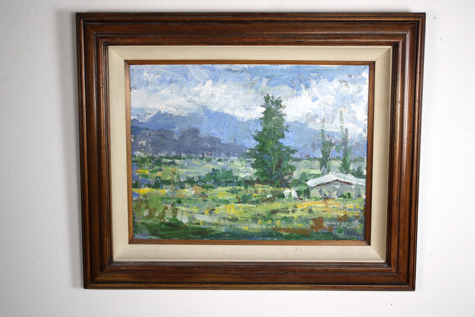 James FIELDS (American) Original Acrylic on Board, Signed Lower Right, "View Of Town": Original acrylic on board by James Fields. Measures 18x24 inches. Exquisitely Framed. Category: Western Landscape Painting, Mountain Landscape Art, New Mexico Skies, Southwestern Fine Art, Listed Arti