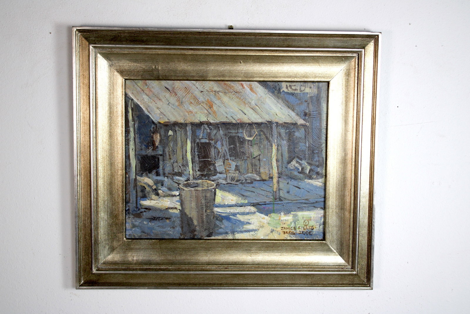 James FIELDS (American) Original Acrylic on Board, Signed Lower Right, "Ghost Town": Original acrylic on board by James Fields. Measures 16x20 inches. Exquisitely Framed. Category: Western Landscape Painting, High Desert Landscape Art, New Mexico Skies, Southwestern Fine Art, Listed A