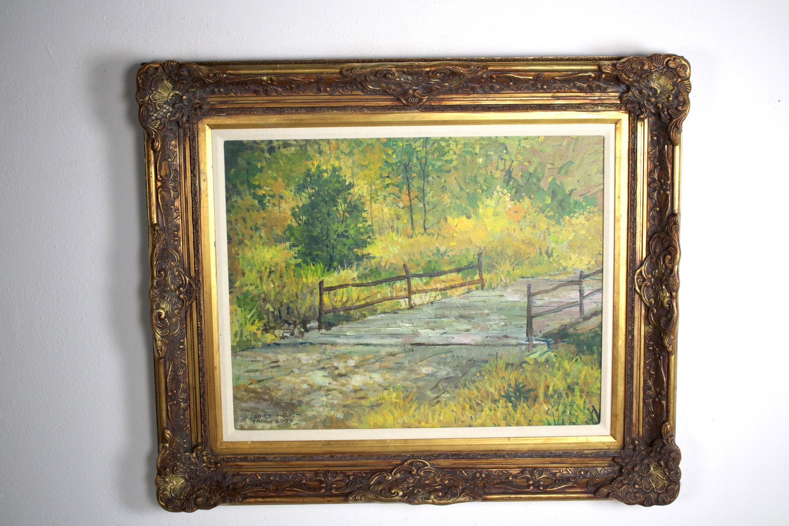 James FIELDS (American) Original Acrylic on Board, Signed Lower Left, "Pot Creek Bridge": Original acrylic on board by James Fields. Measures 22.5x28.5 inches. Exquisitely Framed. Category: Western Landscape Painting, Mountain Landscape Art, New Mexico Skies, Southwestern Fine Art, Listed 