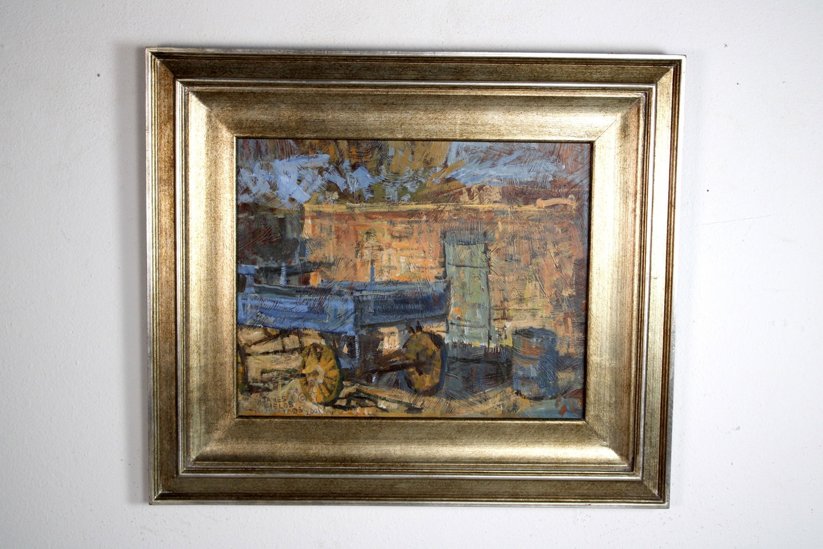 James FIELDS (American) Original Acrylic on Board, Signed Lower Left, "Blue Wagon": Original acrylic on board by James Fields. Measures 16x20 inches. Exquisitely Framed. Category: Western Landscape Painting, High Desert Landscape Art, New Mexico Skies, Southwestern Fine Art, Listed A