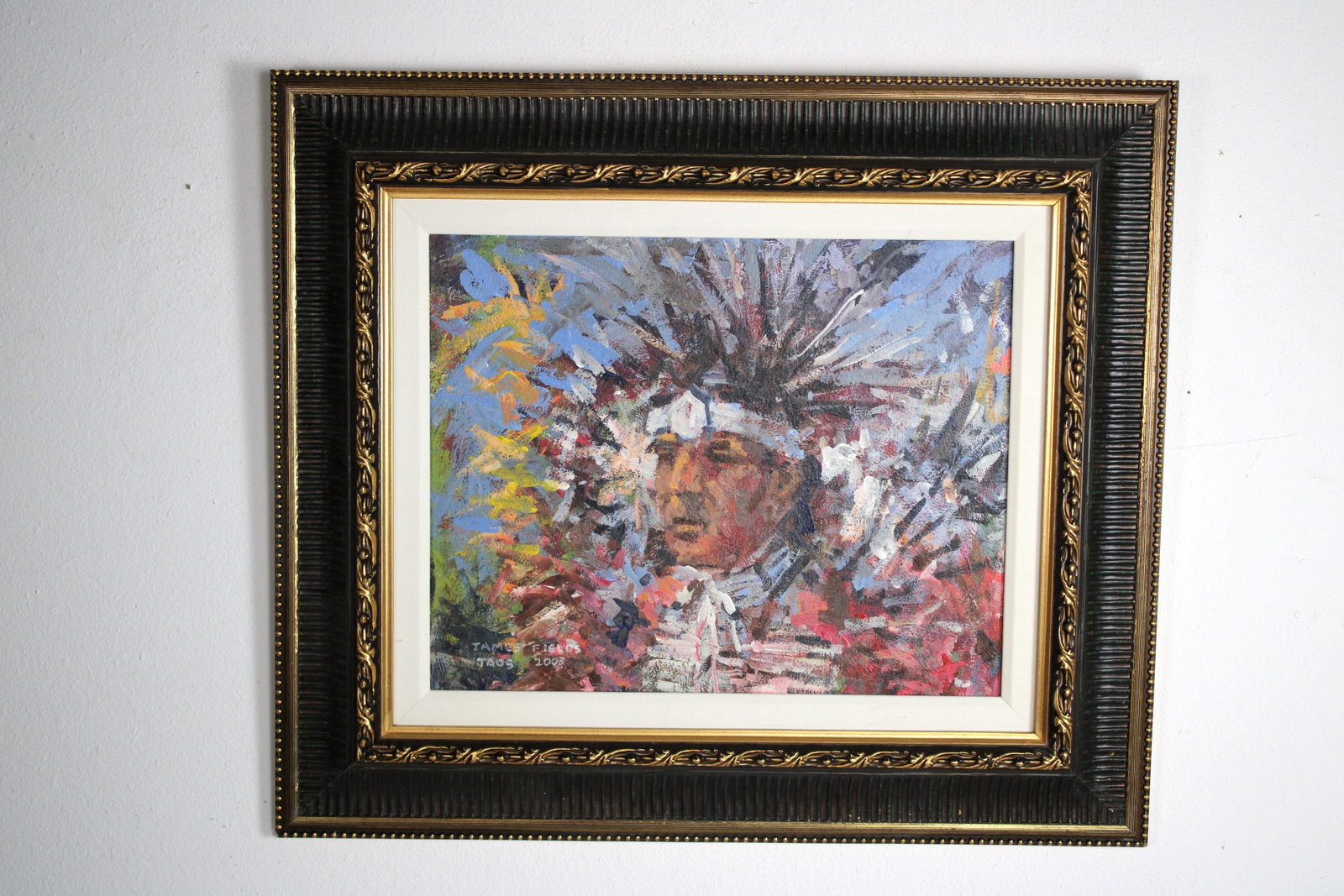 James FIELDS (American) Original Acrylic on Board, Signed Lower Left, "Ceremonial Indian": Original acrylic on board by James Fields. Title: "Taos Pueblo Elder". Measures 16x20 inches. Exquisitely Framed Tags: Taos Pueblo Indian Art, Indigenous Portraiture, Cultural Realism, Listed Artist O