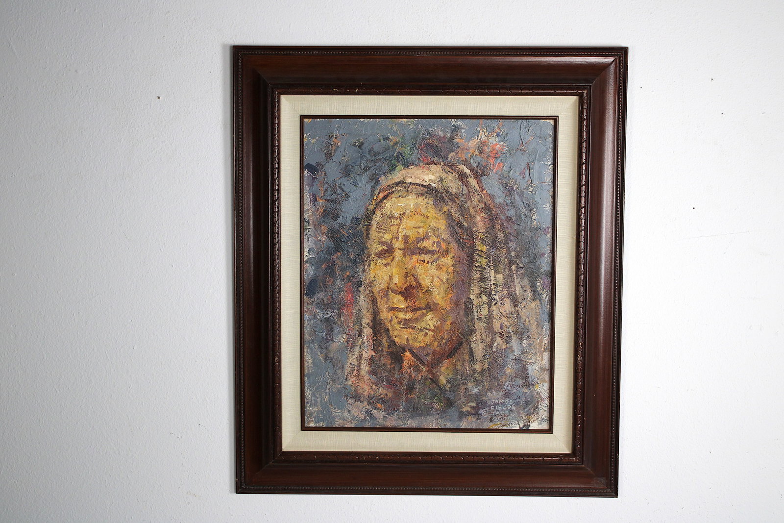 James FIELDS (American) Original Acrylic on Board, Signed Lower Right, Untitled: Original acrylic on board by James Fields. Measures 16x20 inches. Exquisitely Framed in Barn Wood with Linen liner. Tags: Taos Pueblo Indian Art, Indigenous Portraiture, Cultural Realism, Listed Artis