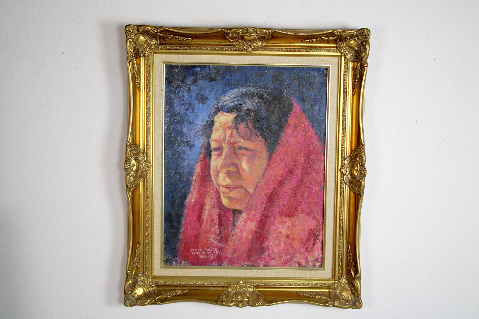 James FIELDS (American) Original Acrylic on Board, Signed Lower Left, Untitled: Original acrylic on board by James Fields. Measures 16x20 inches. Exquisitely Framed Tags: Taos Pueblo Indian Art, Indigenous Portraiture, Cultural Realism, Listed Artist Original. Shipping: Buyer arr