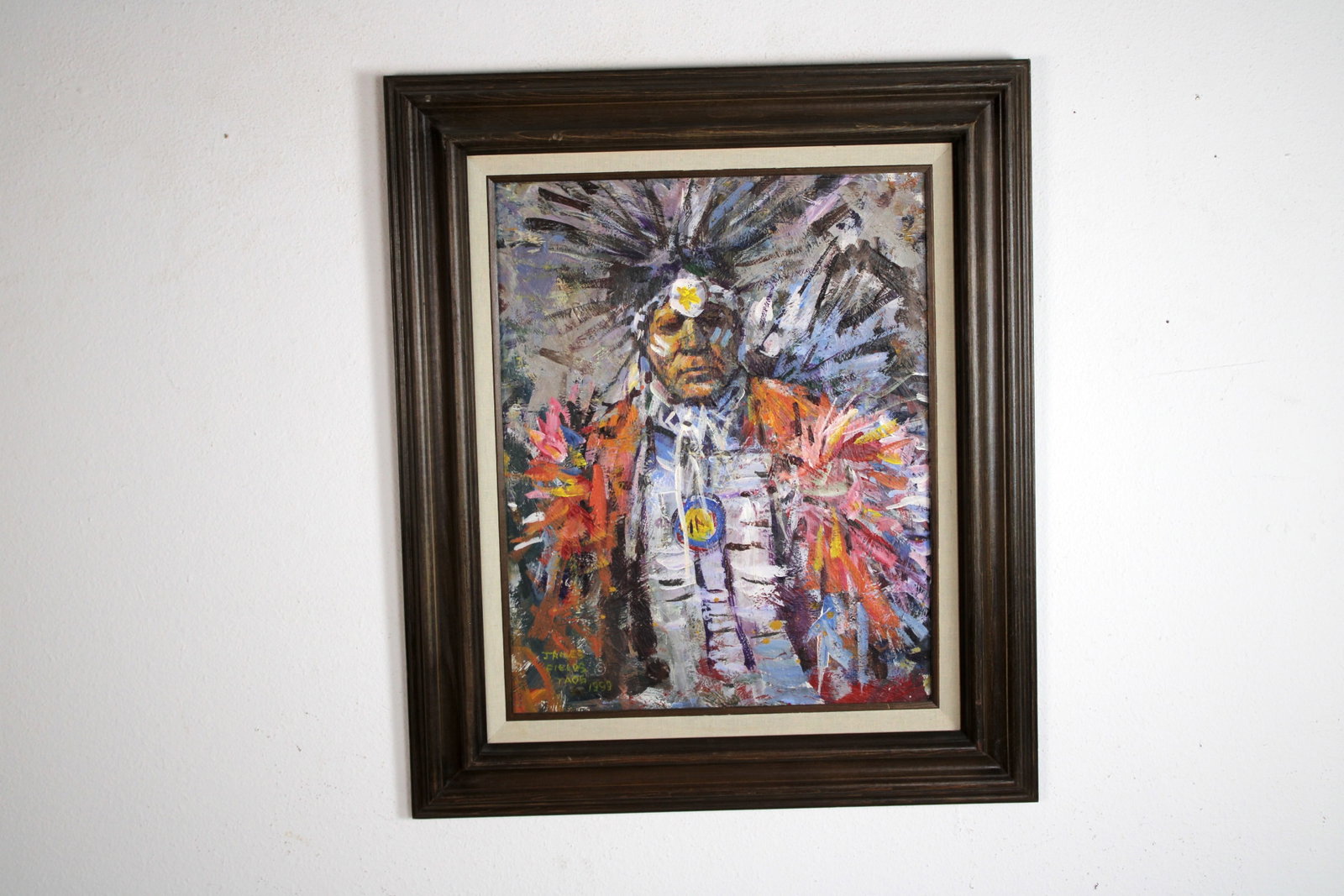James FIELDS (American) Original Acrylic on Board, Signed Lower Left, Untitled: Original acrylic on board by James Fields. Title: "Taos Pueblo Elder". Measures 20x16 inches. Exquisitely Framed Tags: Taos Pueblo Indian Art, Indigenous Portraiture, Cultural Realism, Listed Artist O
