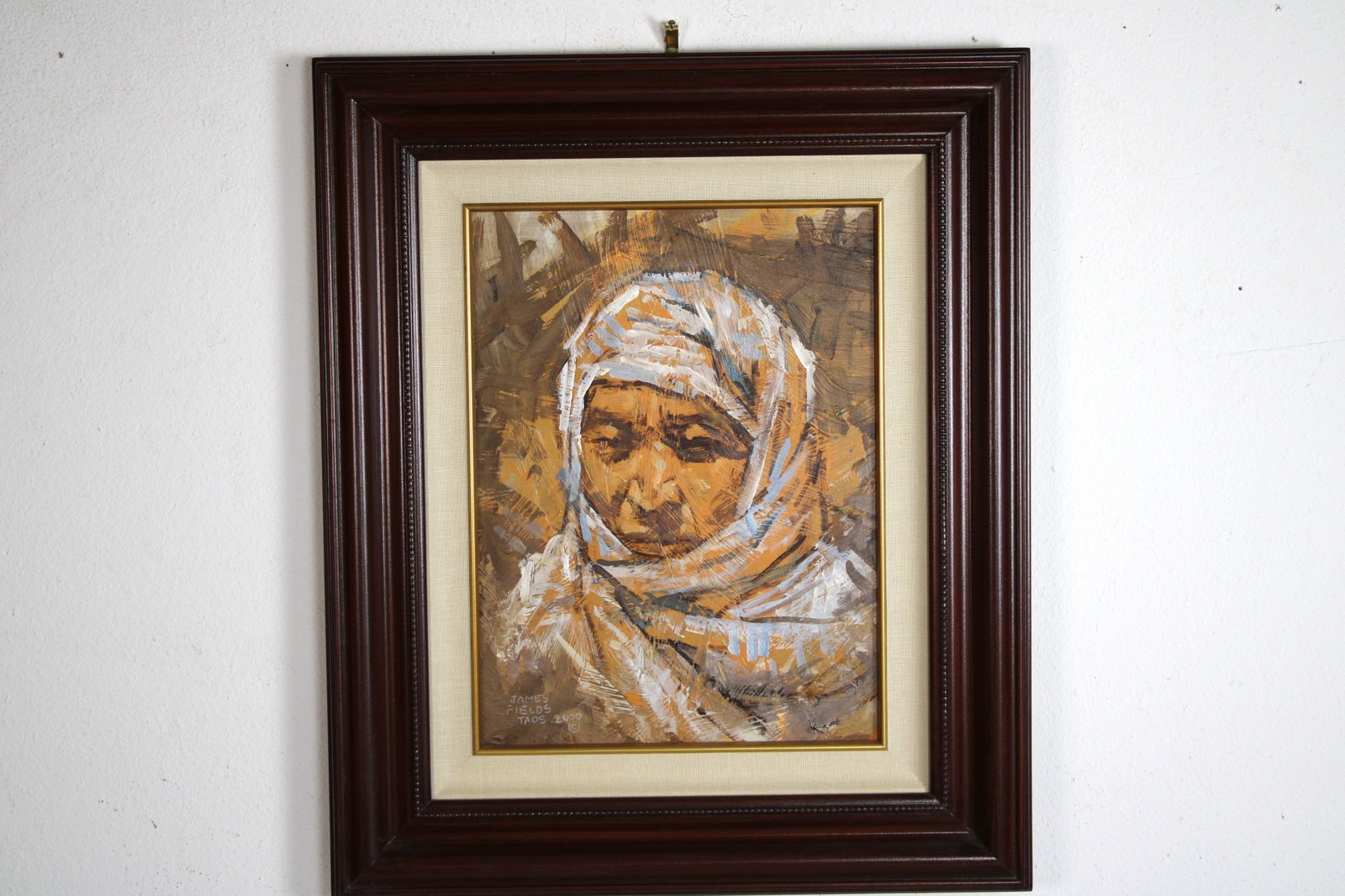 James FIELDS (American) Original Acrylic on Board, Signed Lower Left, "Indian From Taos": Original acrylic on board by James Fields. Measures 12x16 inches. Exquisitely Framed Tags: Taos Pueblo Indian Art, Indigenous Portraiture, Cultural Realism, Listed Artist Original. Shipping: Buyer arr
