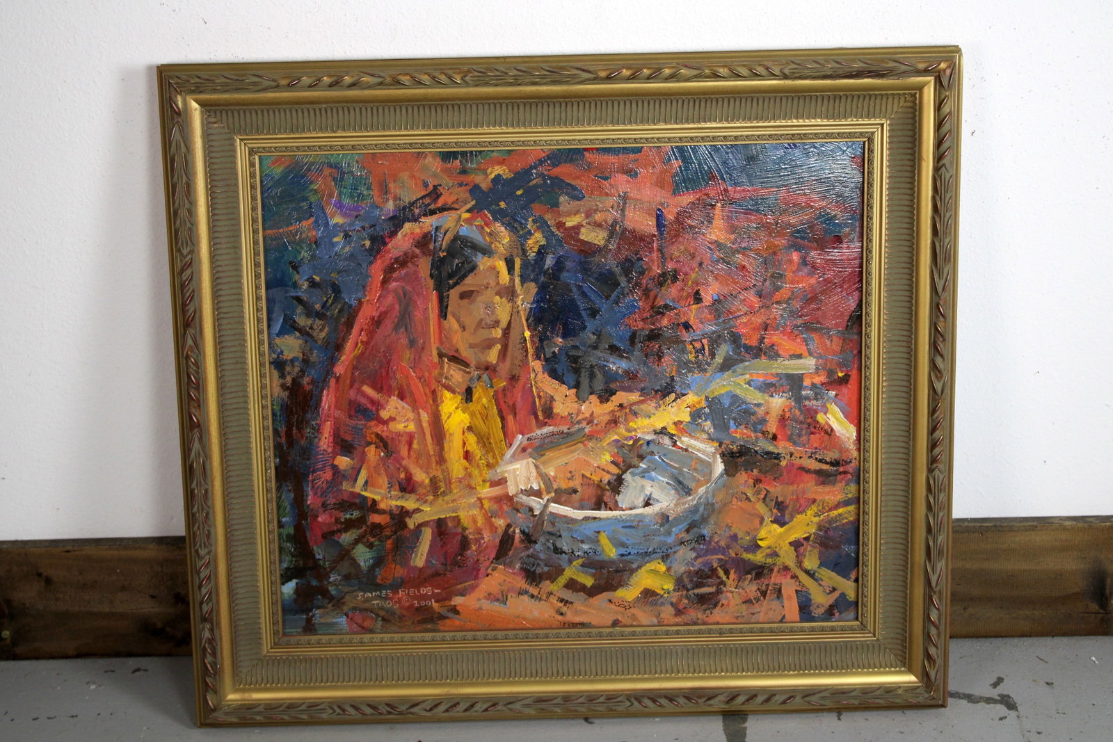 James FIELDS (American) Original Acrylic on Board, Signed Lower Left, "Indian Shucking Corn": Original acrylic on board by James Fields. Measures 20x24 inches. Exquisitely Framed Tags: Taos Pueblo Indian Art, Indigenous Portraiture, Cultural Realism, Listed Artist Original. Shipping: Buyer arr