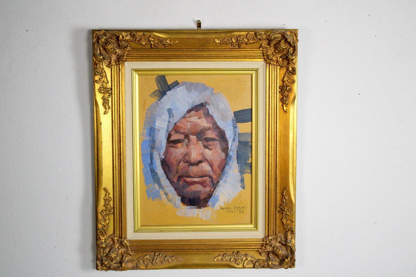James FIELDS (American) Original Acrylic on Board, Signed Lower Right, Untitled: Original acrylic on board by James Fields. Measures 12x16 inches. Exquisitely Framed Tags: Taos Pueblo Indian Art, Indigenous Portraiture, Cultural Realism, Listed Artist Original. Shipping: Buyer arr