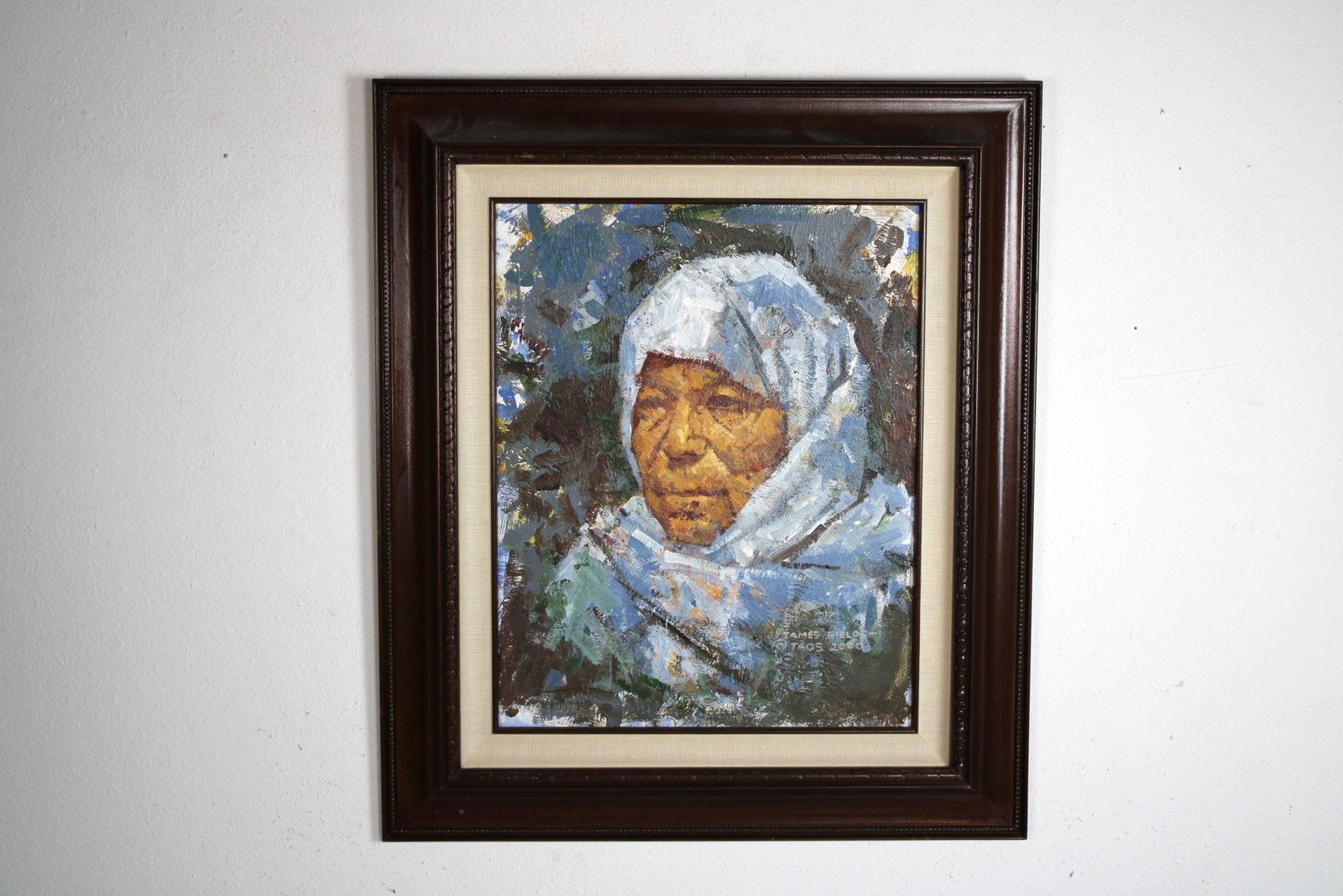 James FIELDS (American) Original Acrylic on Board, Signed Lower Right, Untitled: Original acrylic on board by James Fields. Measures 16x20 inches. Exquisitely Framed Tags: Taos Pueblo Indian Art, Indigenous Portraiture, Cultural Realism, Listed Artist Original. Shipping: Buyer arr