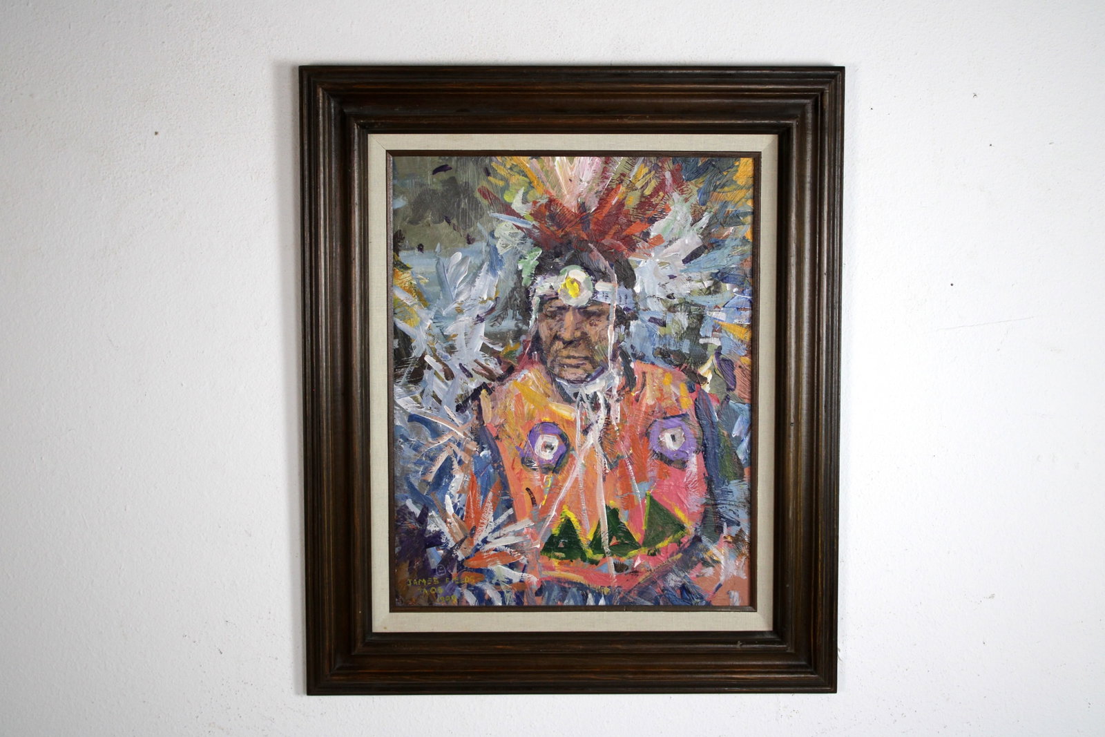 James FIELDS (American) Original Acrylic on Board, Signed Lower Left, Untitled: Original acrylic on board by James Fields. Measures 20x16 inches. Exquisitely Framed Tags: Taos Pueblo Indian Art, Indigenous Portraiture, Cultural Realism, Listed Artist Original. Shipping: Buyer arr