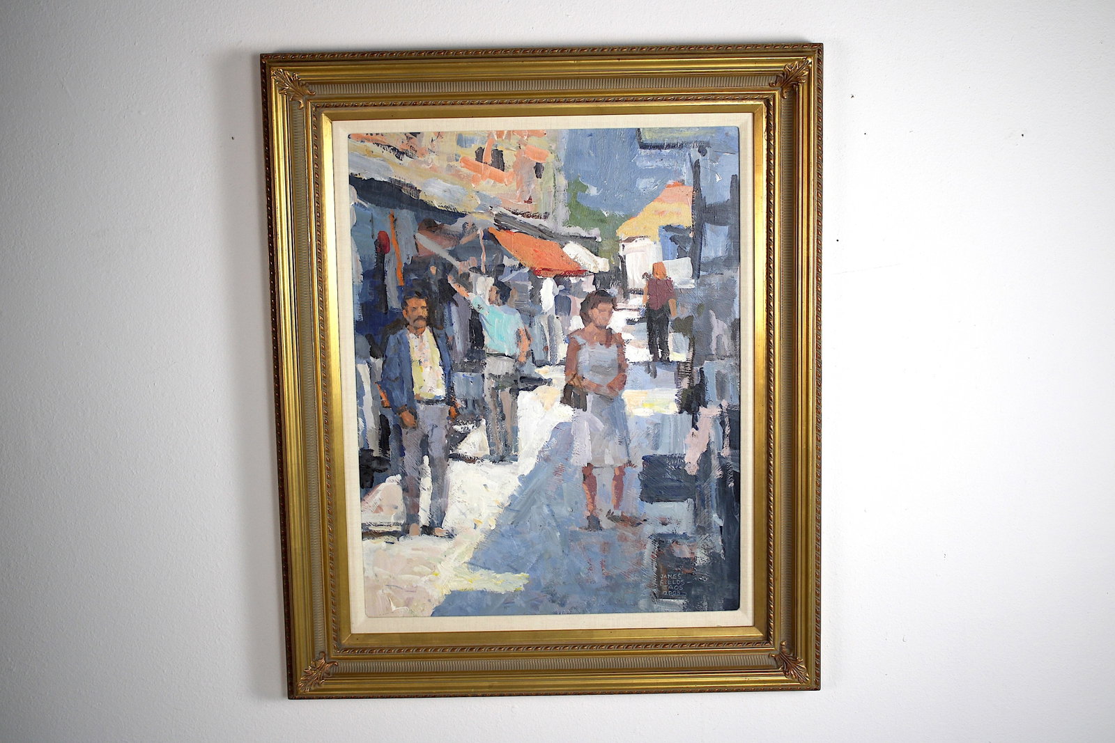 James FIELDS (American) Original Acrylic on Board, Signed Lower Right "Shopping in Rhodes Greece": Original acrylic on board by James Fields. Measures 22.5x28.5 inches. Framed. Category: Folk Art, Listed Artist Original. A vivid street scene study by James Fields, showcasing the unique, streets of 
