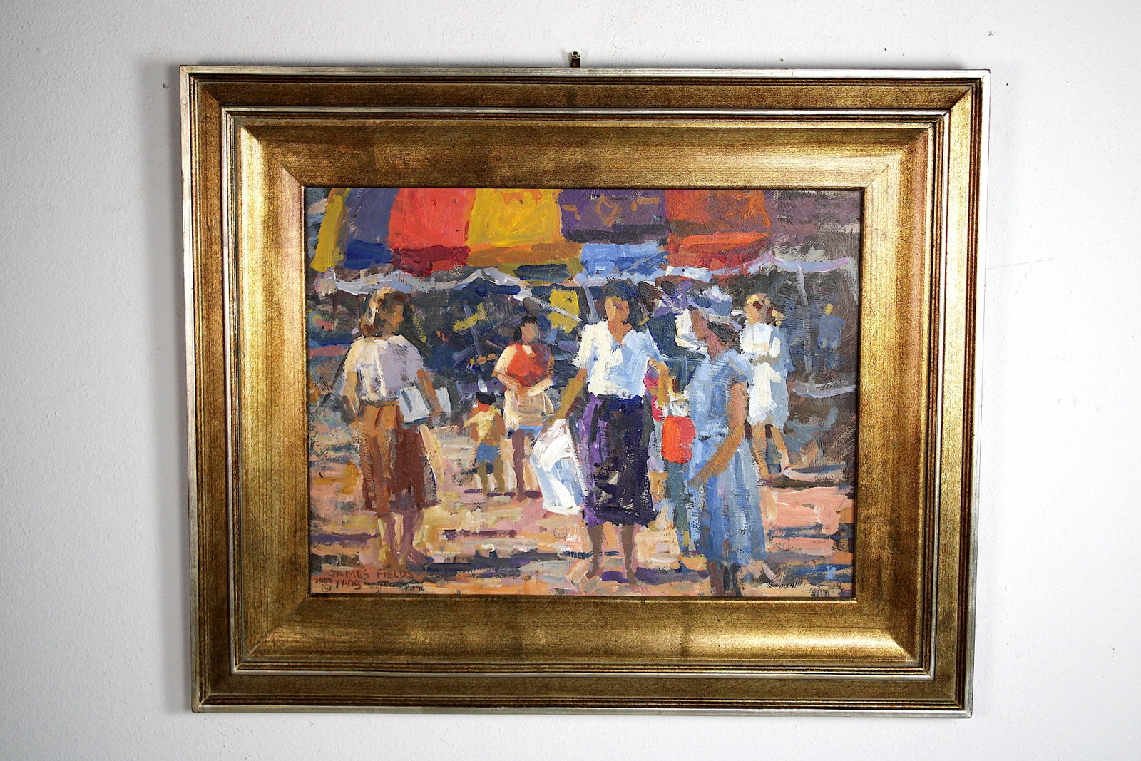 James FIELDS (American) Original Acrylic on Board, Signed Lower Left, "Fiesta #2": Original acrylic on board by James Fields. Measures 18x24 inches. Framed. Category: Folk Art, Listed Artist Original. A vivid scene study by James Fields, showcasing the unique streets of Taos during 