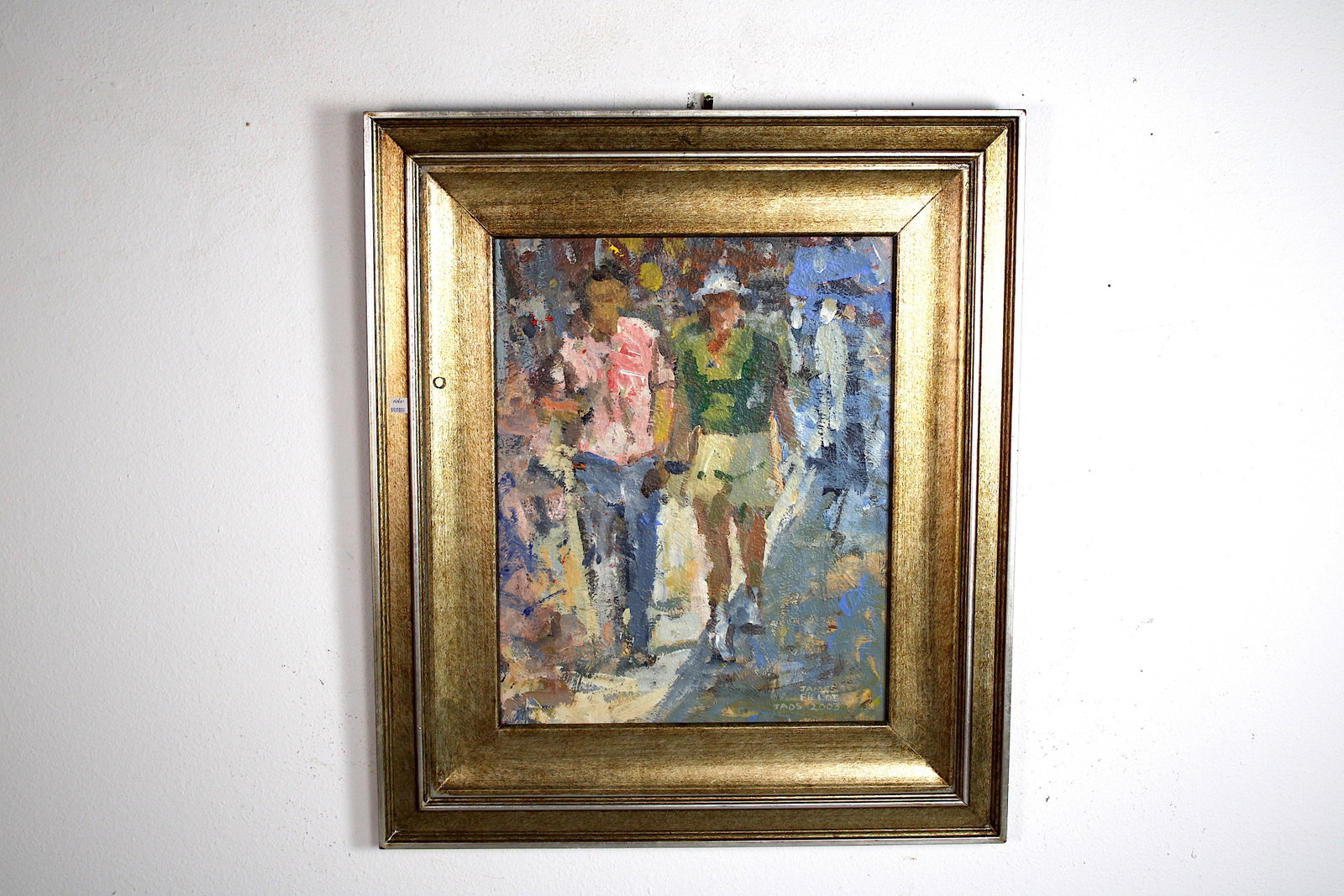 James FIELDS (American) Original Acrylic on Board, Signed Lower Right, "Plaza Shopping": Original acrylic on board by James Fields. Measures 20x16 inches. Framed. Category: Folk Art, Listed Artist Original. A vivid scene study by James Fields, showcasing the unique streets of Taos during 