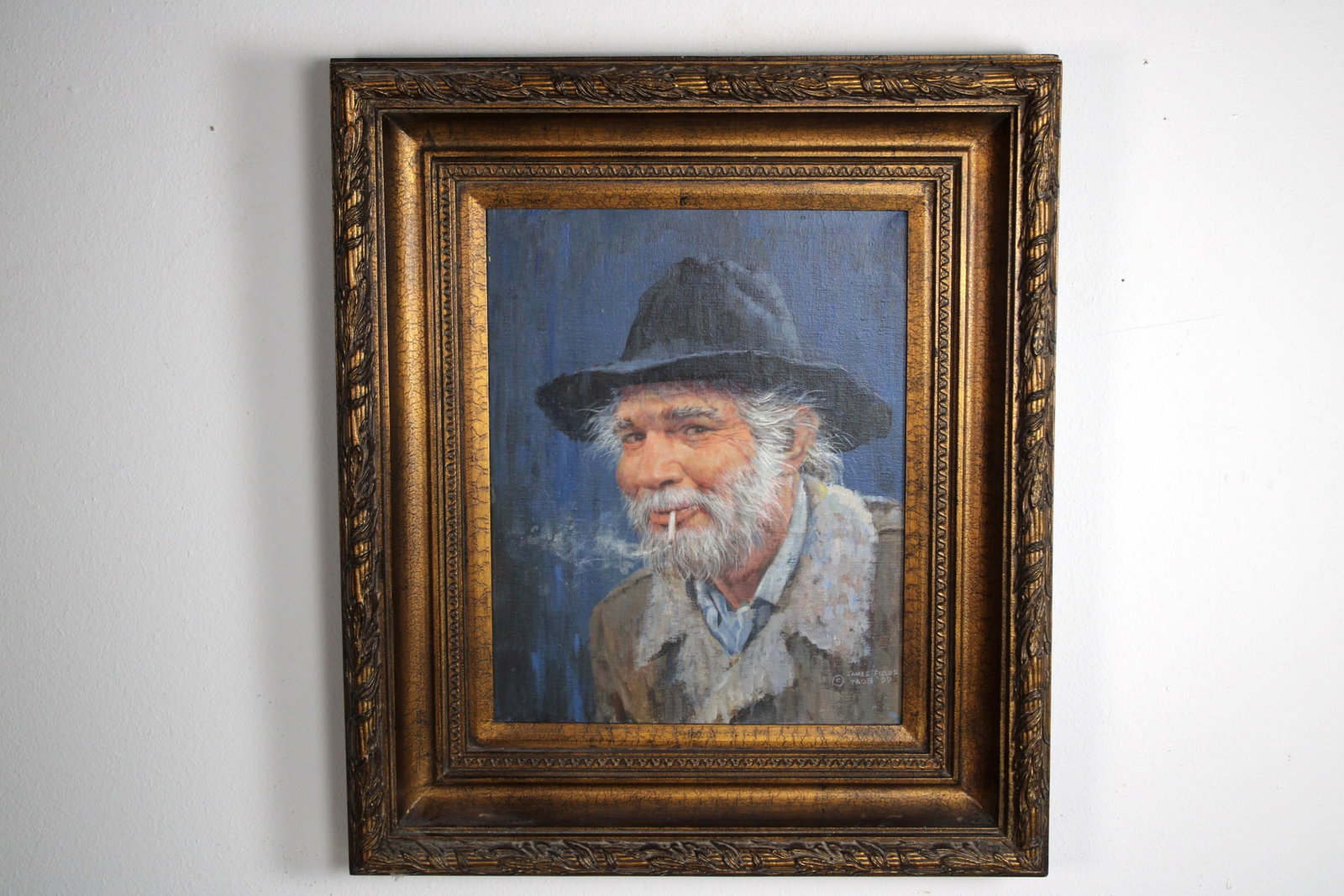 James FIELDS (American) Original Acrylic on Canvas, Signed Lower Right, "Old Timer": Original acrylic on canvas by James Fields. Measures 16x20 inches. Exquisitely Framed. Category: Folk Art Portrait, Listed Artist Original. A distinctly eccentric character study by James Fields, show