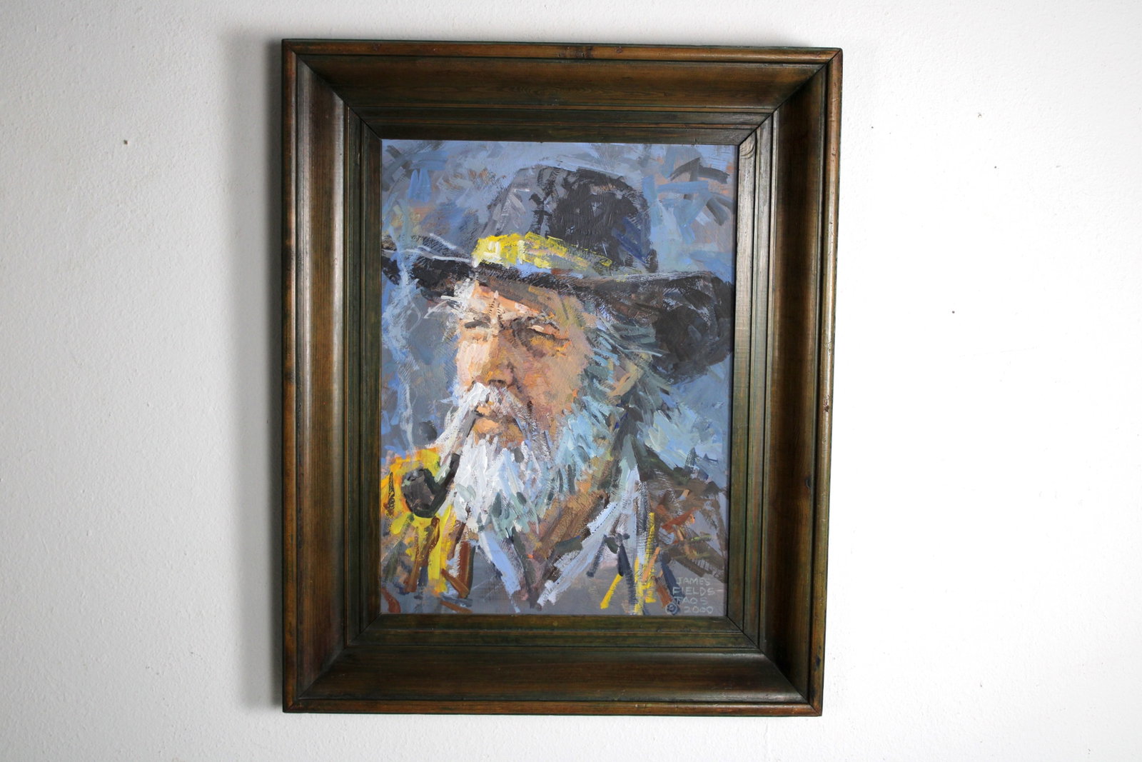James FIELDS (American) Original Acrylic on Board, Signed Lower Right, Untitled: Original acrylic on board by James Fields. Measures 15.25x20.25 inches. Exquisitely Framed. Category: Folk Art Portrait, Listed Artist Original. A distinctly eccentric character study by James Fields,