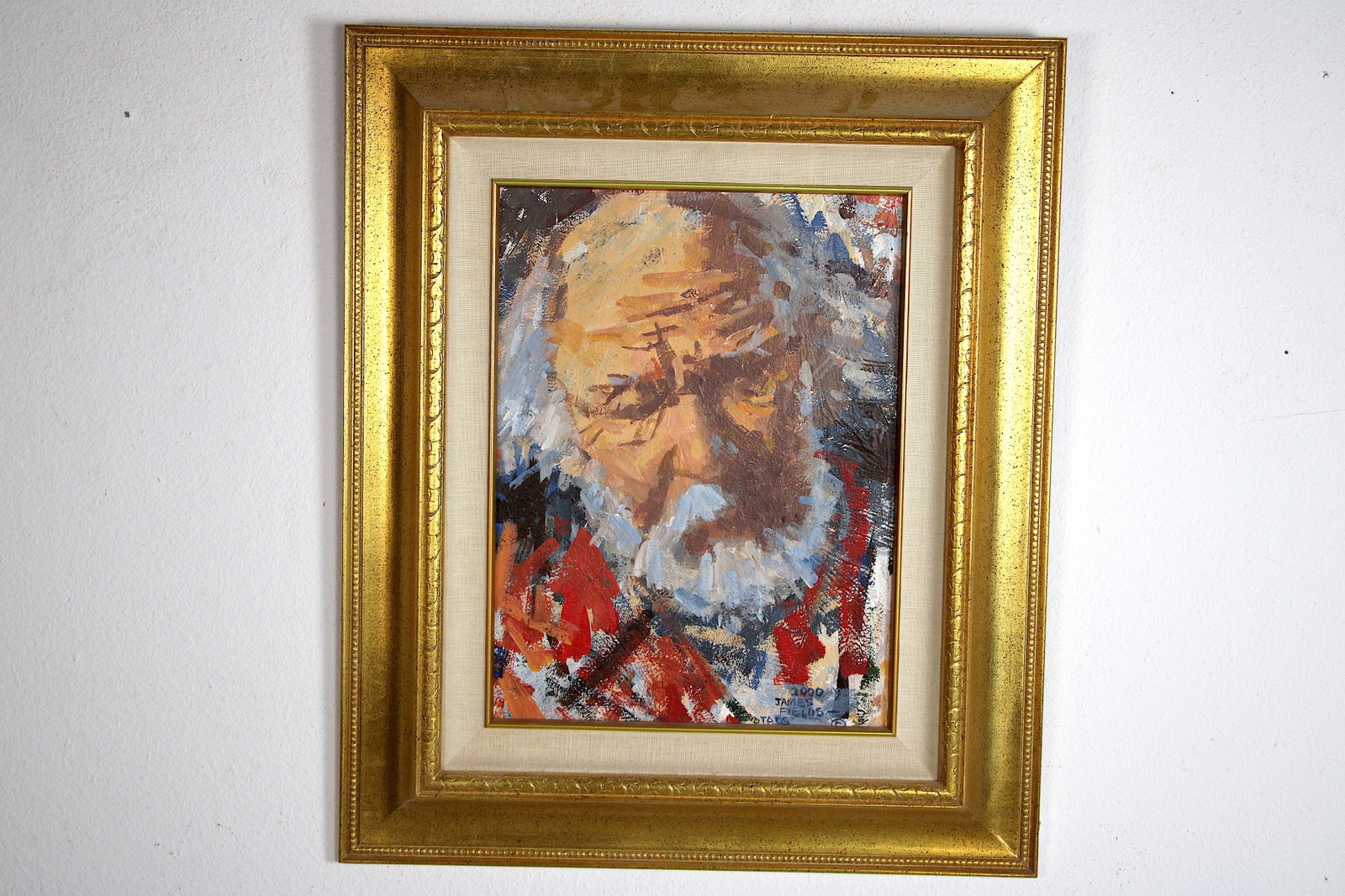 James FIELDS (American) Original Acrylic on Board, Signed Lower Right, Untitled: Original acrylic on board by James Fields. Measures 12x16 inches. Exquisitely Framed. Category: Folk Art Portrait, Listed Artist Original. A distinctly eccentric character study by James Fields, showc