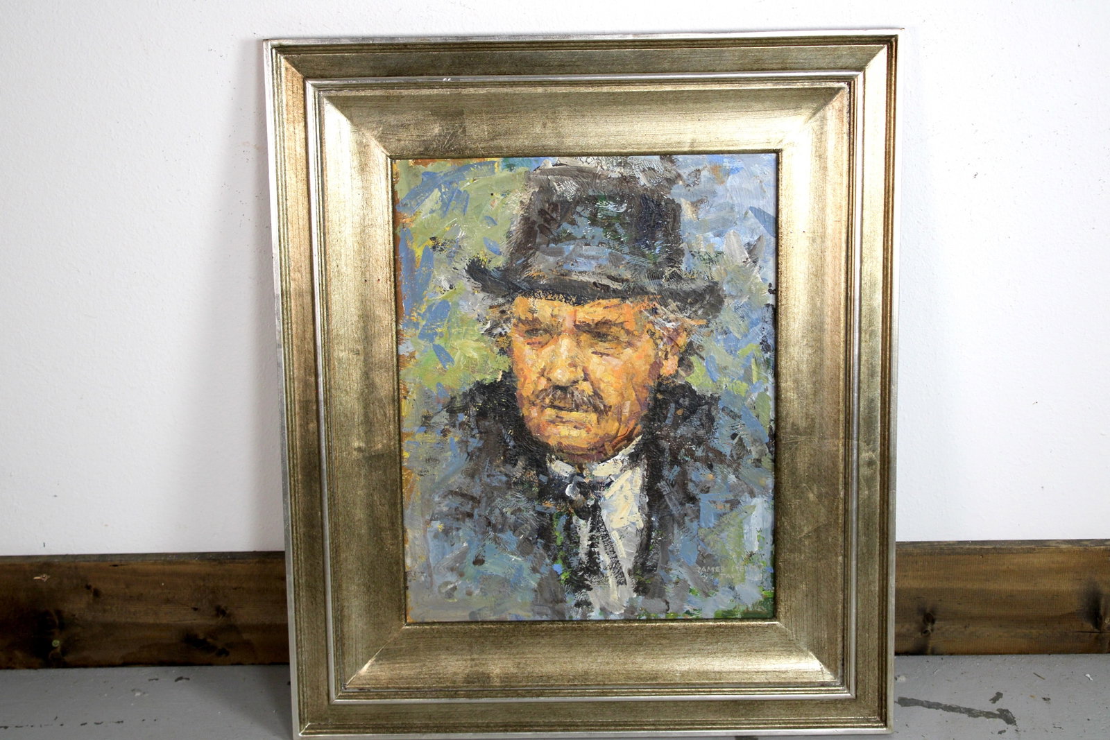 James FIELDS (American) Original Acrylic on Board, Signed Lower Right, "Suspicious Gambler": Original acrylic on board by James Fields. Measures 16x20 inches. Exquisitely Framed. Category: Folk Art Portrait, Listed Artist Original. A distinctly eccentric character study by James Fields, showc