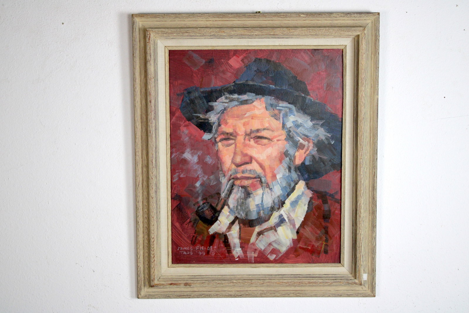 James FIELDS (American) Original Acrylic on Board, Signed Lower Left, "Tom Merris": Original acrylic on board by James Fields. Measures 16x20 inches. Exquisitely Framed. Category: Folk Art Portrait, Listed Artist Original. A distinctly eccentric character study by James Fields, showc