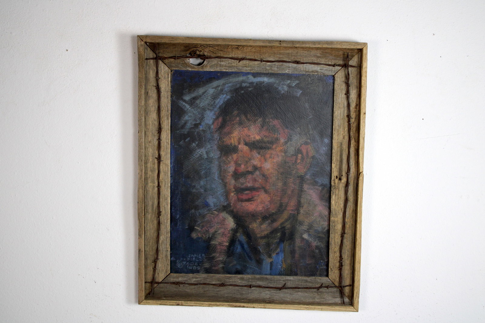 James FIELDS (American) Original Acrylic on Board, Signed Lower Left, "Tired Rancher": Original acrylic on board by James Fields. Measures 16x20 inches. Exquisitely Framed. Category: Folk Art Portrait, Listed Artist Original. A distinctly eccentric character study by James Fields, showc