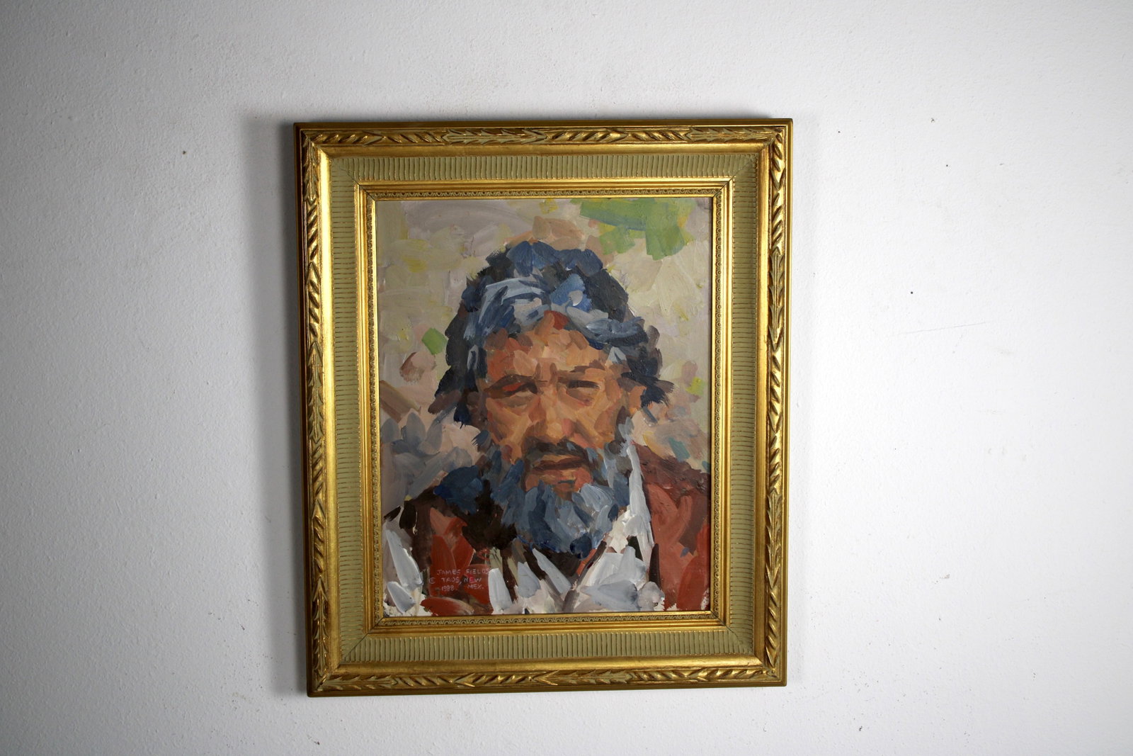 James FIELDS (American) Original Acrylic on Board, Signed Lower Left, "Ranch Hand": Original acrylic on board by James Fields. Measures 20x16 inches. Exquisitely Framed. Category: Folk Art Portrait, Listed Artist Original. A distinctly eccentric character study by James Fields, showc