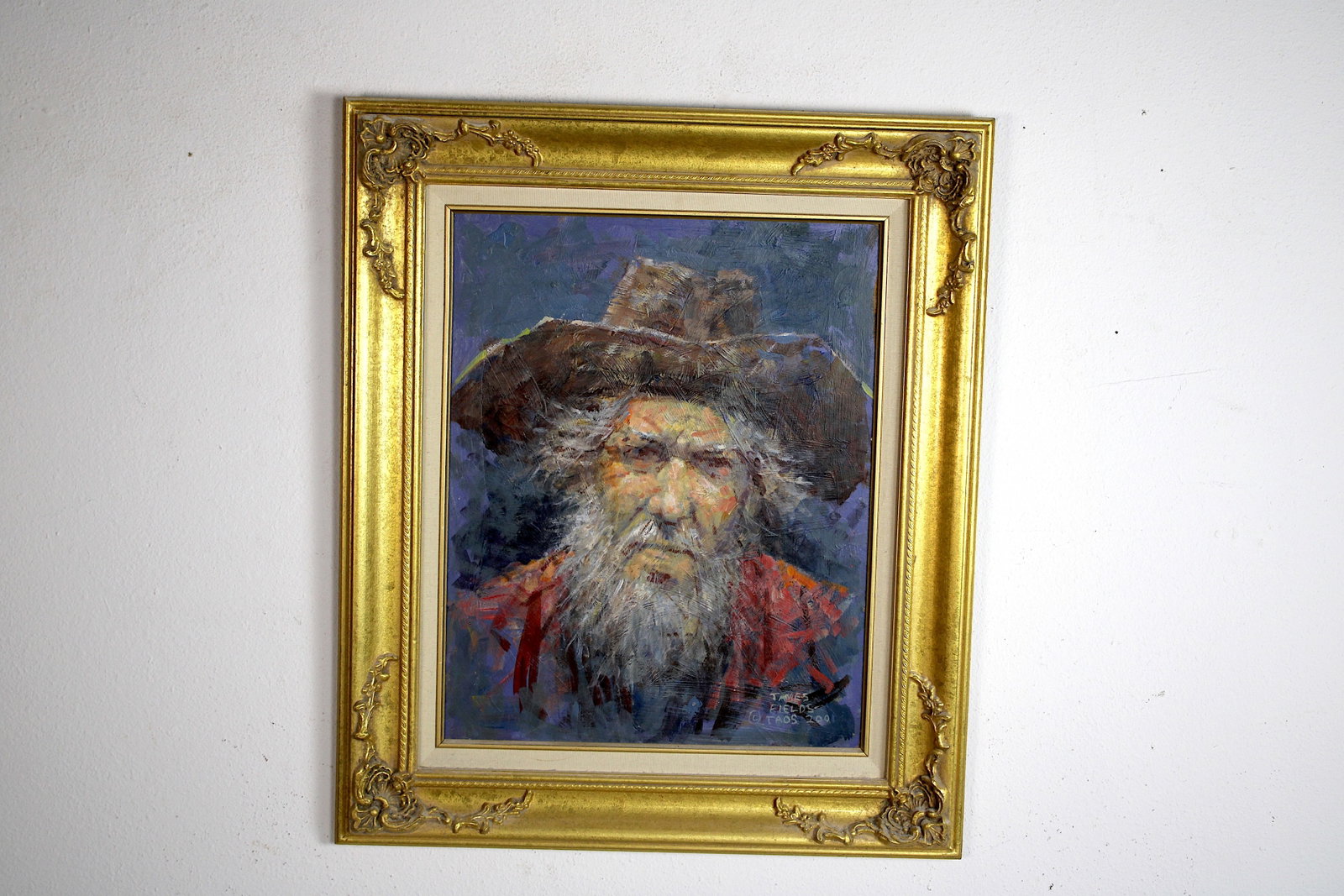 James FIELDS (American) Original Acrylic on Board, Signed Lower Right, "Old Man": Original acrylic on board by James Fields. Measures 16x20 inches. Exquisitely Framed. Category: Folk Art Portrait, Listed Artist Original. A distinctly eccentric character study by James Fields, showc